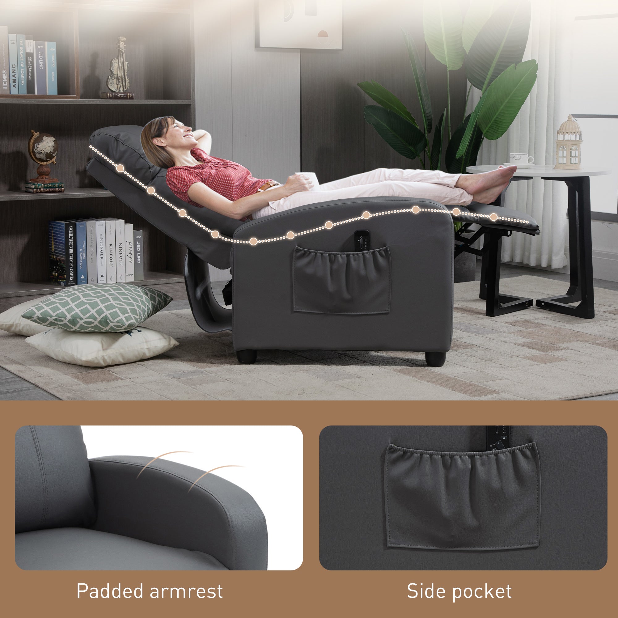 HOMCOM Recliner Armchair, Massage Faux Leather Push Back Reclining Chair with Adjustable Leg Rest, Side Pocket, for Home Living Room Theatre, Grey - North Peak Garden Furniture
