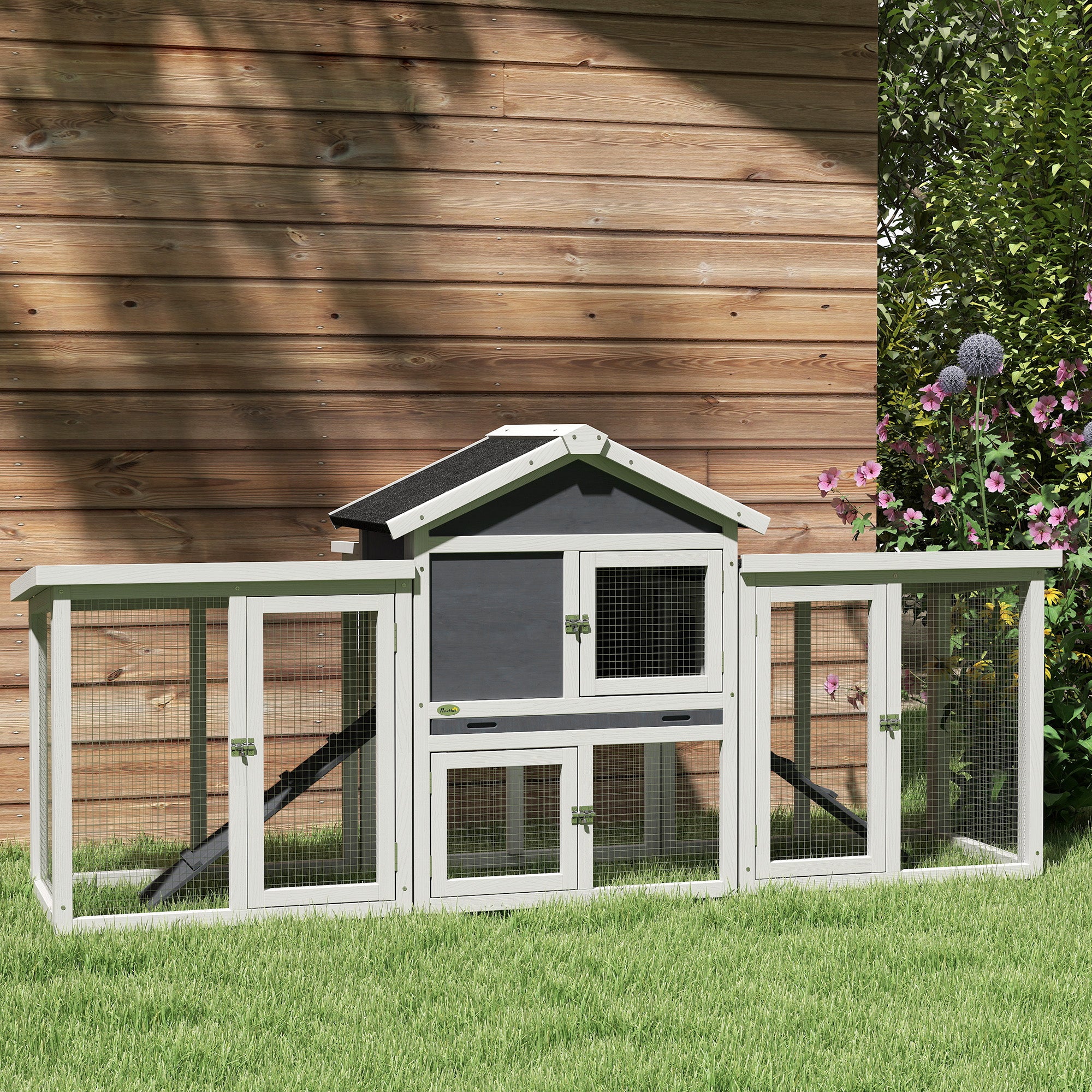 PawHut Large Chicken Coop, Wooden Garden Hen House, Poultry Coops Cages with Run, Nesting Box, Grey - North Peak Garden Furniture