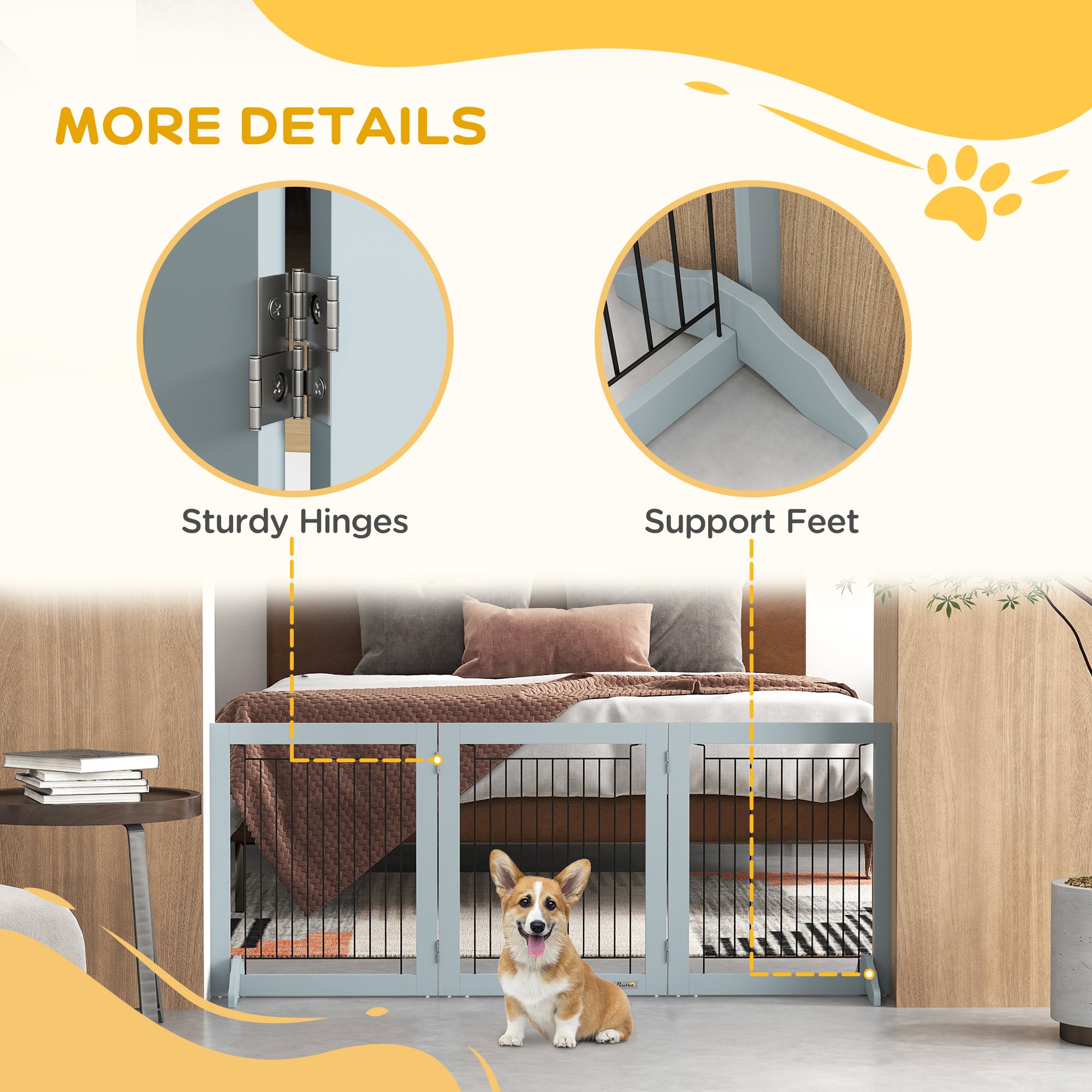 PawHut Foldable Pet Gate, with Three Panels & Two Support Feet - Grey - North Peak Garden Furniture