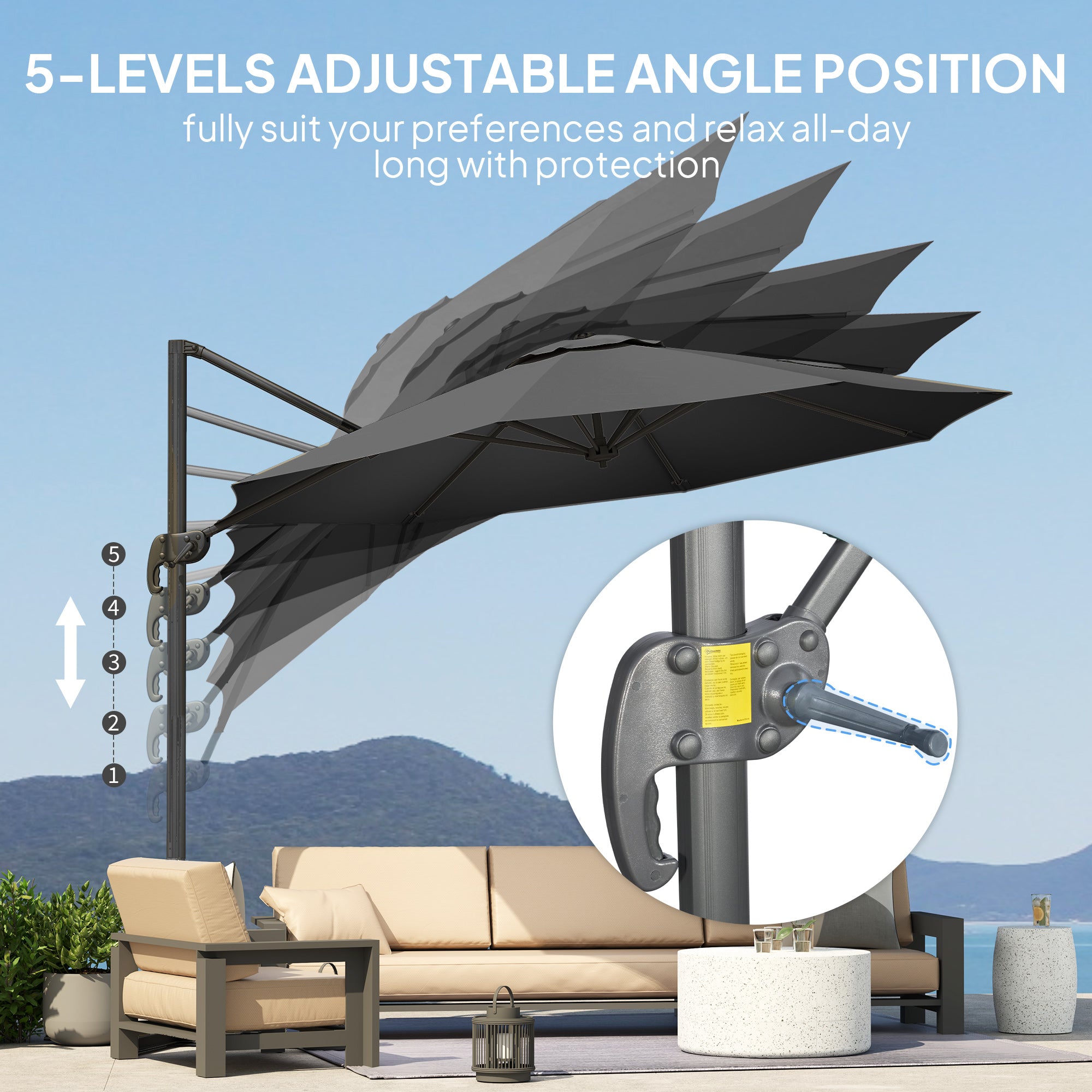 Outsunny 3 x 3(m) Cantilever Parasol with Cross Base, Garden Umbrella with 360° Rotation, Crank Handle and Tilt for Outdoor, Black - North Peak Garden Furniture