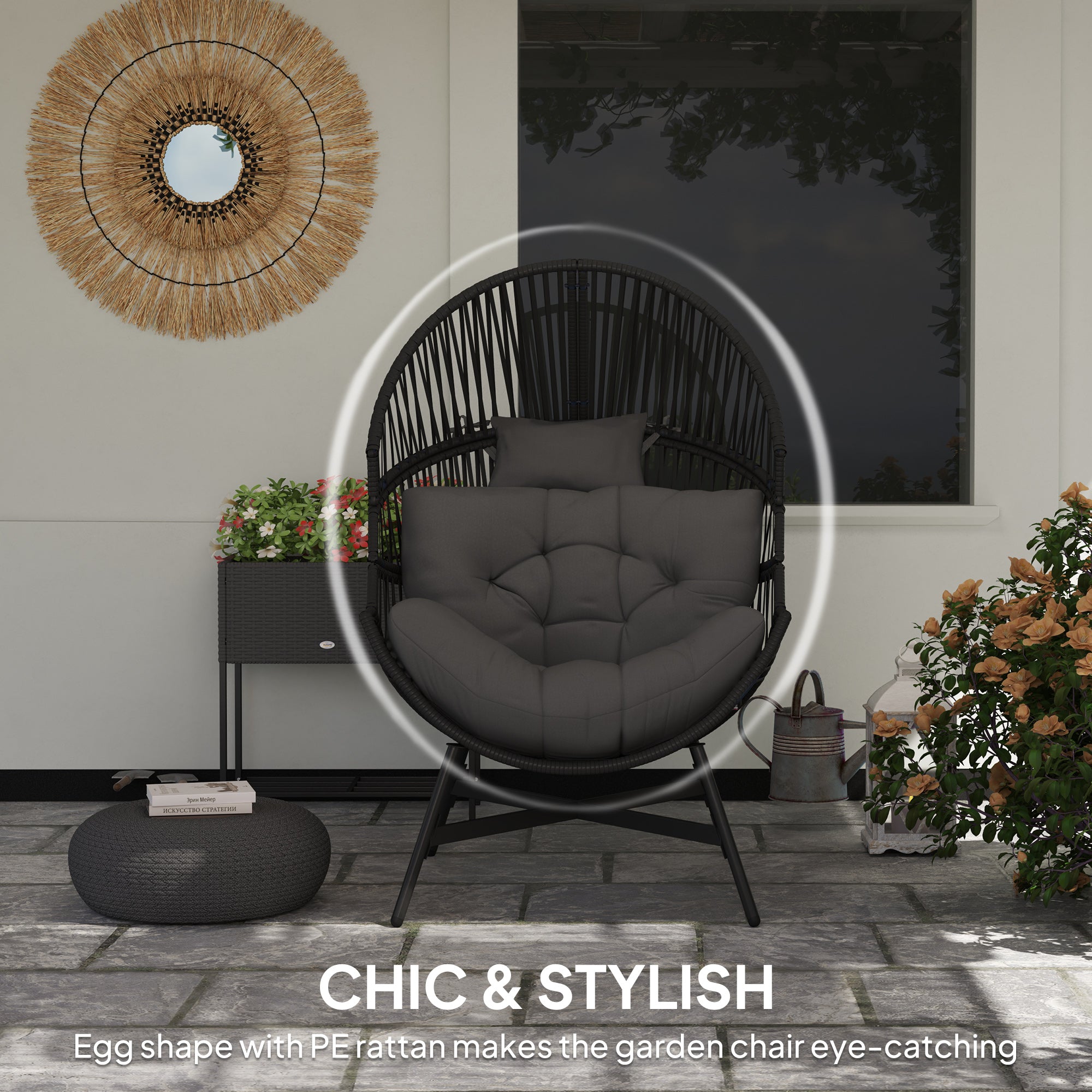 Outsunny Standing Rattan Egg Chair Outdoor, Oversized Wicker Garden Egg Chair with Thick Tufted Cushion, Headrest, Steel Frame, Charcoal Grey - North Peak Garden Furniture