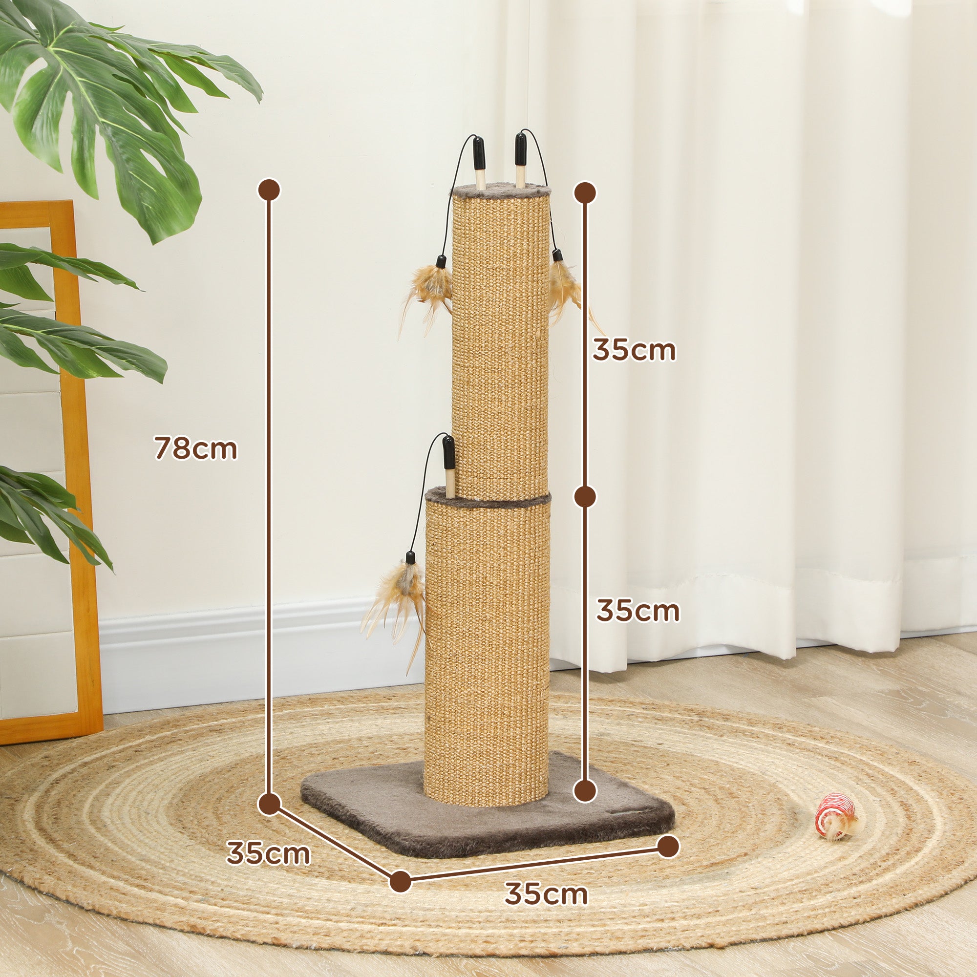 PawHut 78cm Tall 2 in 1 Cat Scratching Post with 3 Toy Feathers, Brown