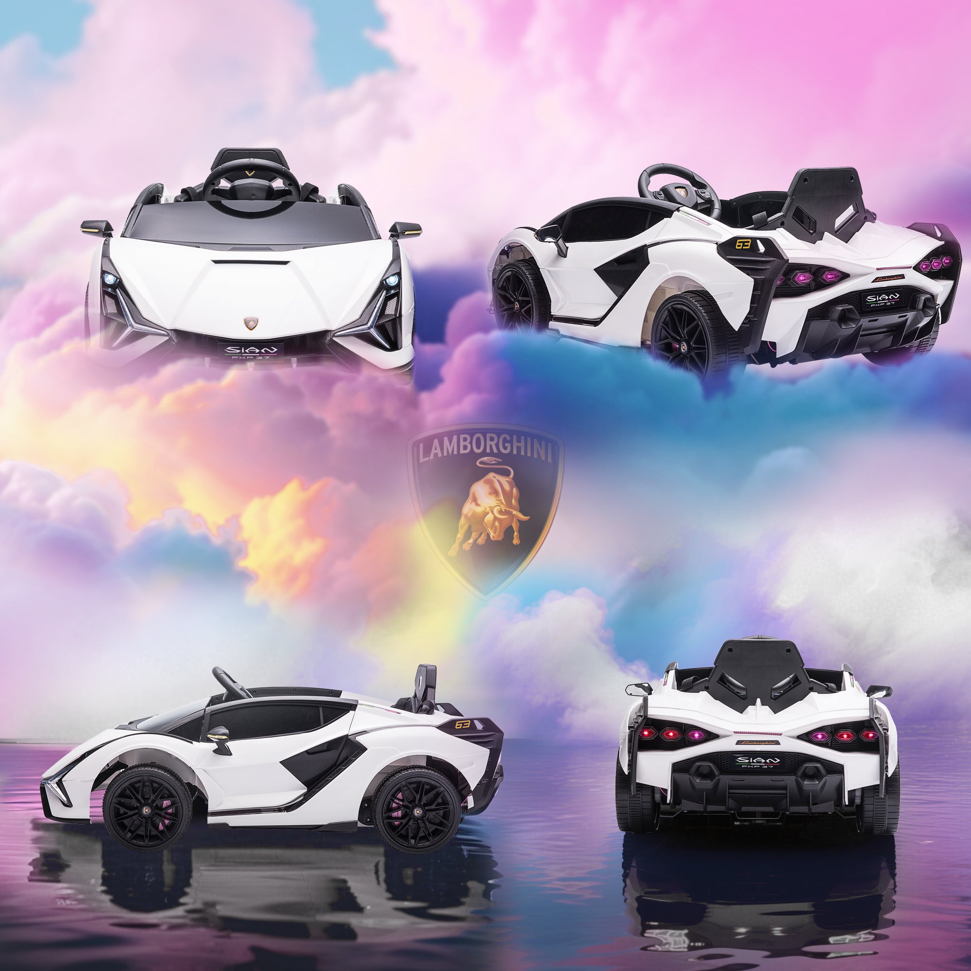 HOMCOM Lamborghini Sian Licensed 12V Kids Electric Ride On Car 2 Motors Toy Car with Remote Control Music Lights MP3 for 3-5 Years White
