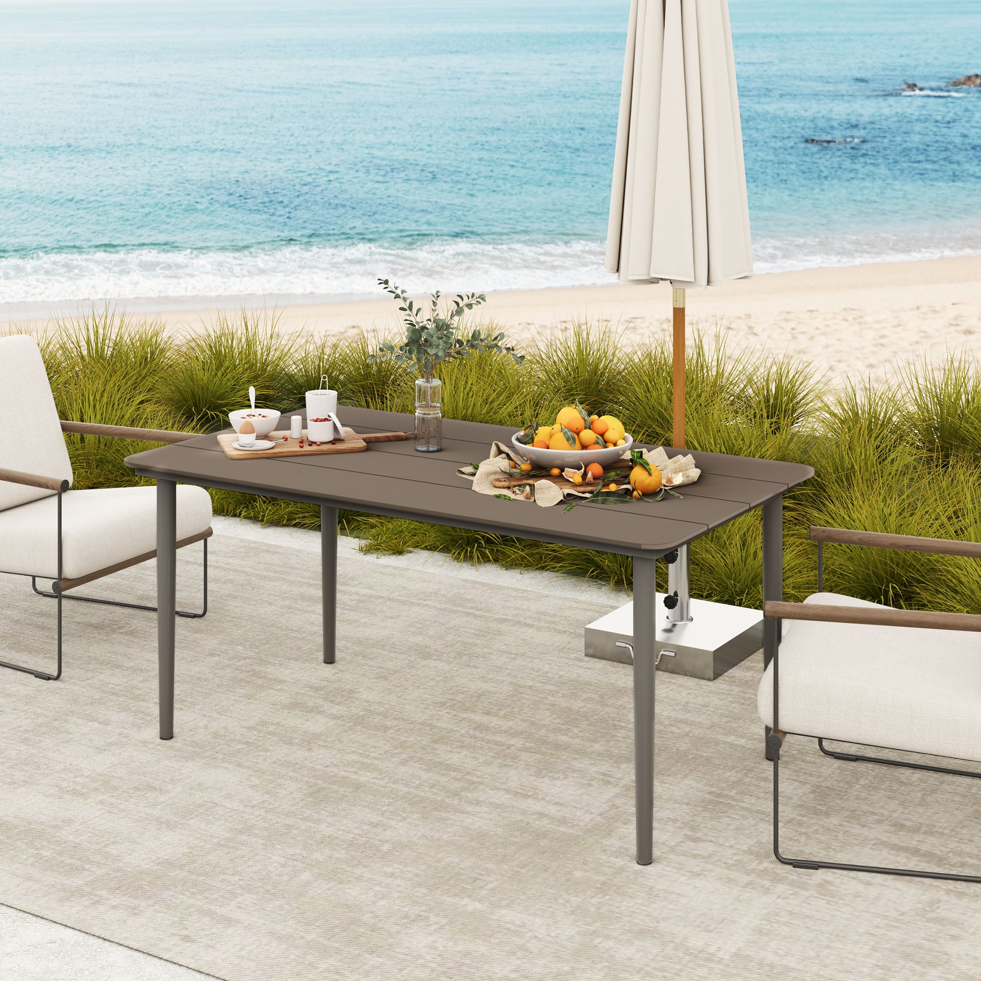 Outsunny Garden Table, Outdoor Dining Table for 6 People, 160 x 90 x 74 cm, with Rust Resistant Metal Frame, WPC Top, for Balcony, Terrace, Dark Grey - North Peak Garden Furniture