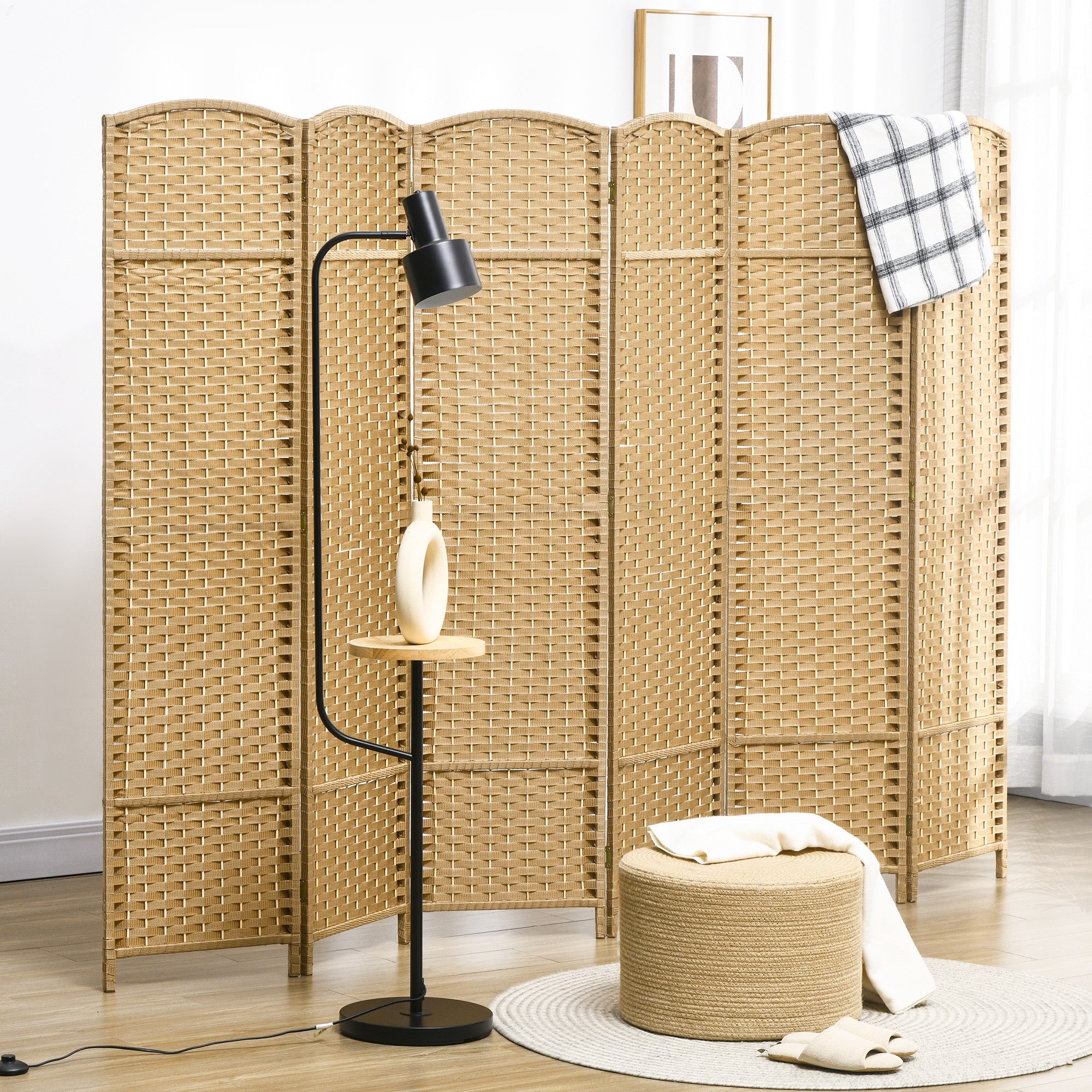 HOMCOM 6 Panel Folding Room Divider, Freestanding Privacy Screen for Living Room, Bedroom and Office, 240 x 170cm, Natural - North Peak Garden Furniture
