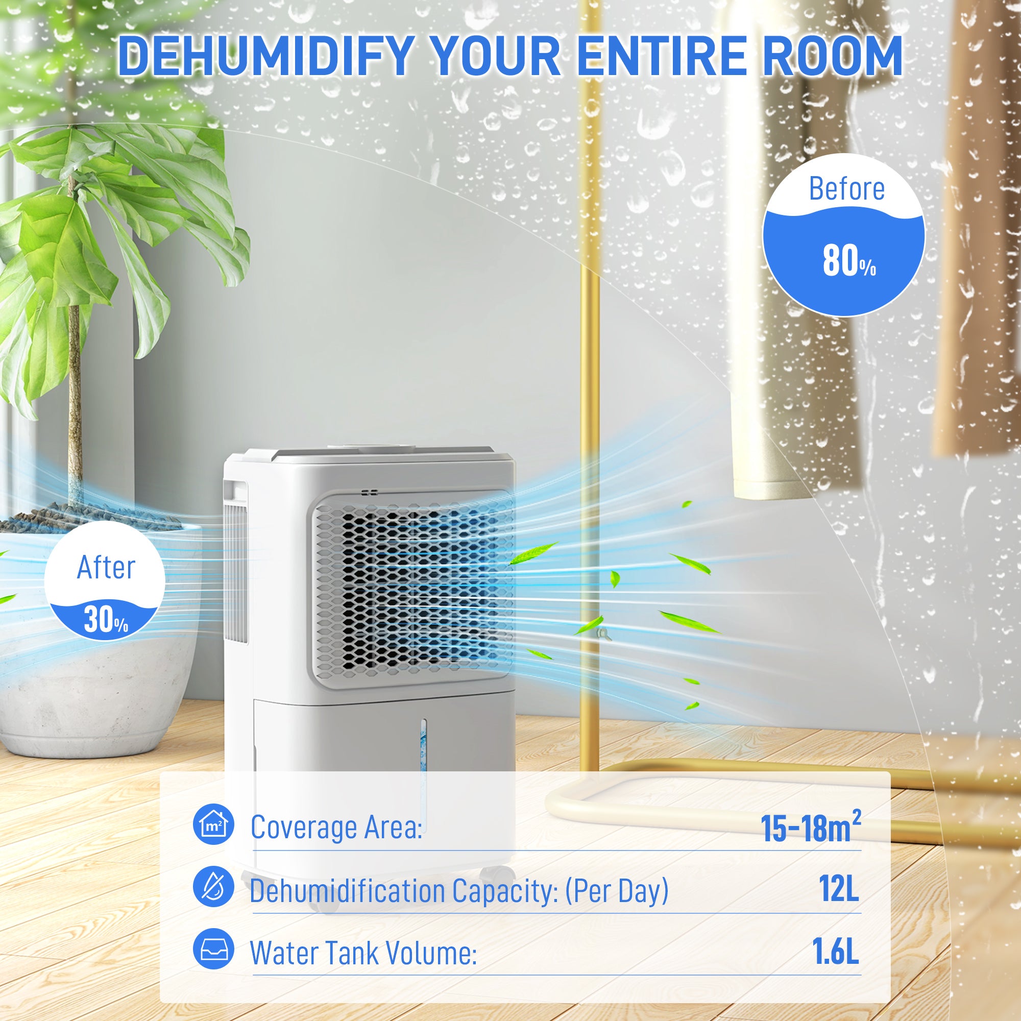 HOMCOM 12L/Day Dehumidifier with Continuous Drainage, 1.6L Water Tank, 24H Timer, Digital Humidity Display, Humidity Light, Dehumidifier for Home Damp, Bedroom, Condensation, Mould, Laundry Drying - North Peak Garden Furniture