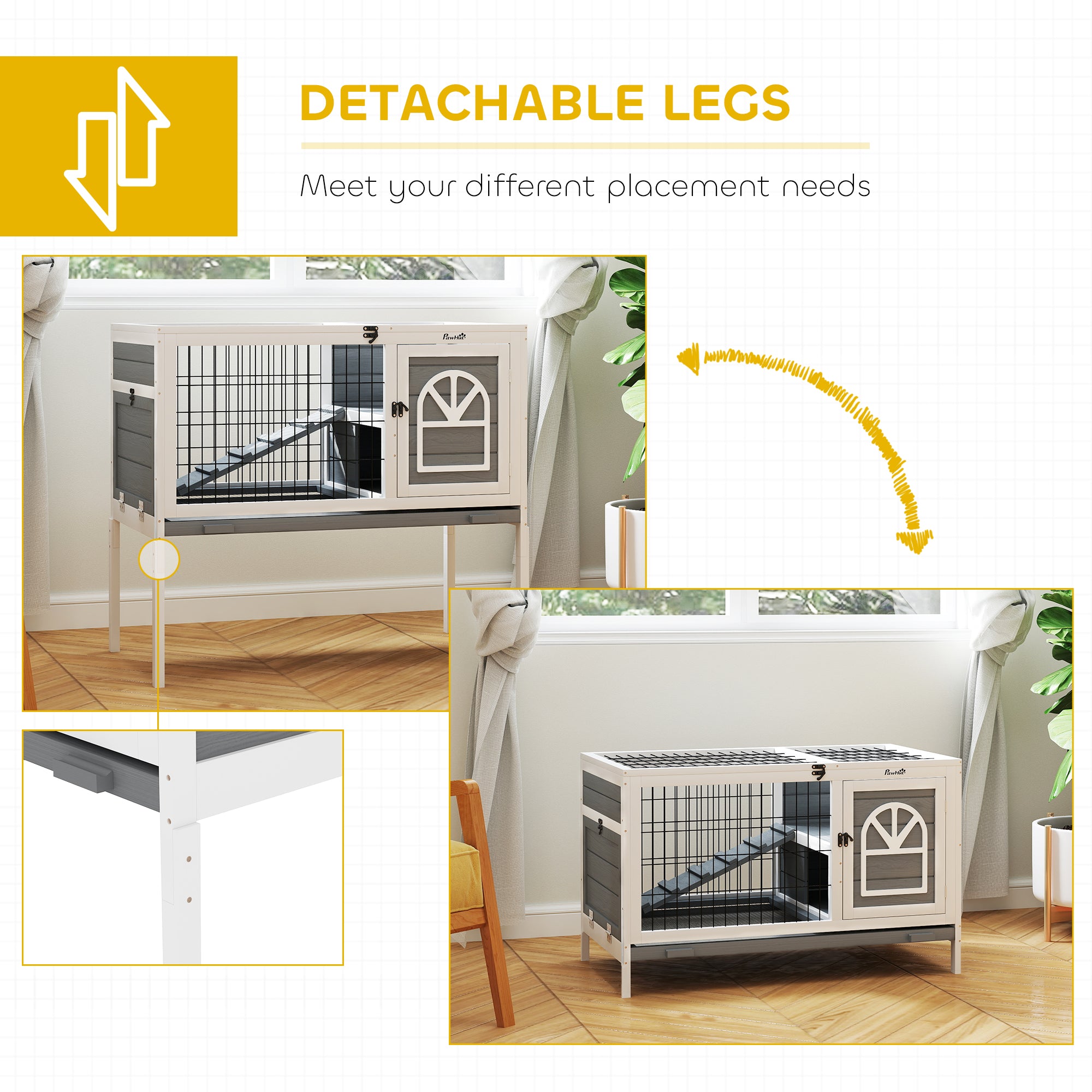 PawHut Wooden Rabbit Hutch, Guinea Pig Cage, with Removable Tray, Openable Roof, Grey - North Peak Garden Furniture