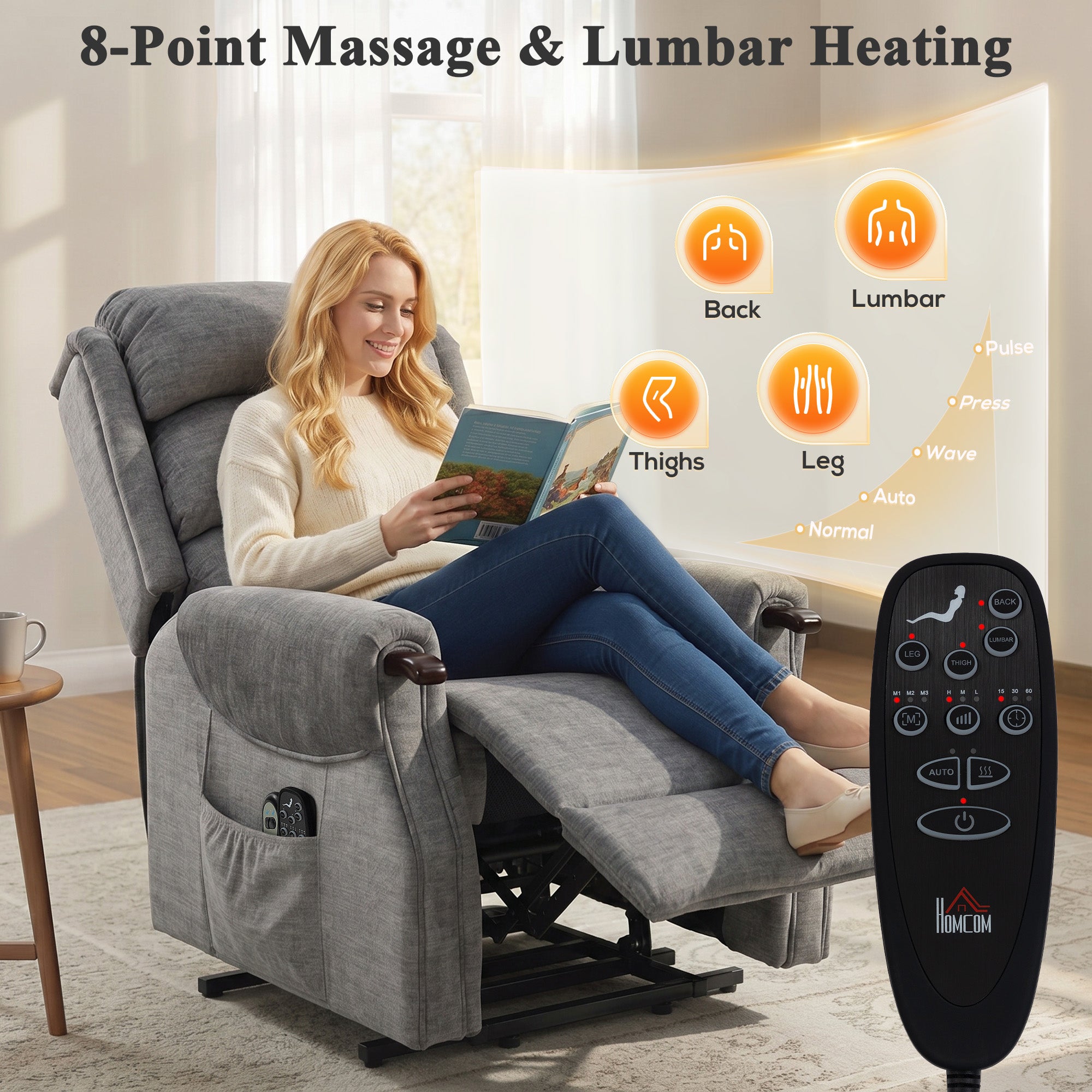 HOMCOM Power Lift Recliner with Vibration Massage and Heat, Lift Chair for Tall with Wood Grip, Pocket Spring, Light Grey