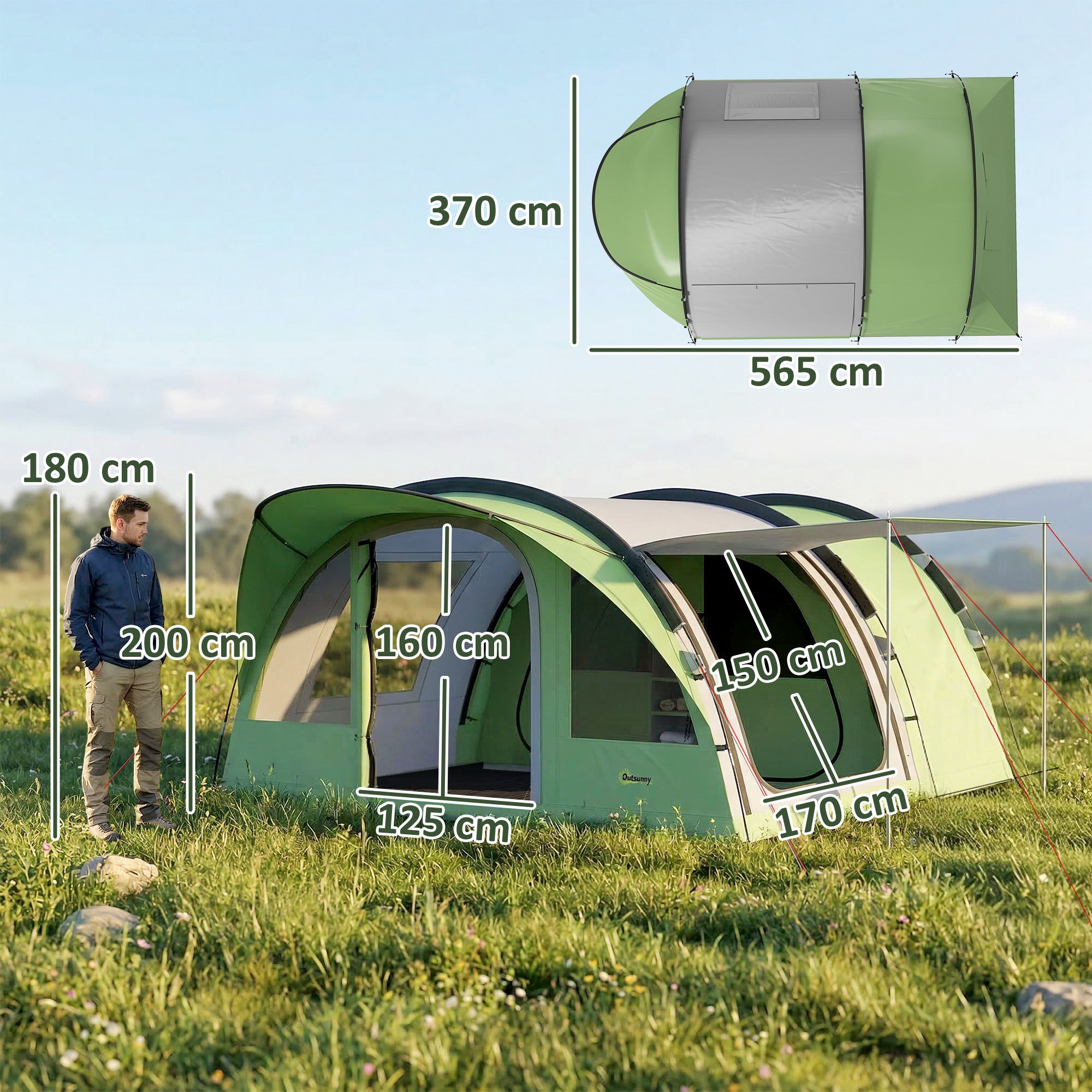Outsunny 4 Person Easy Setup Family Camping Tent with 2 Rooms, Waterproof Tunnel Tent w/ Sewn In Groundsheet, Green & Grey