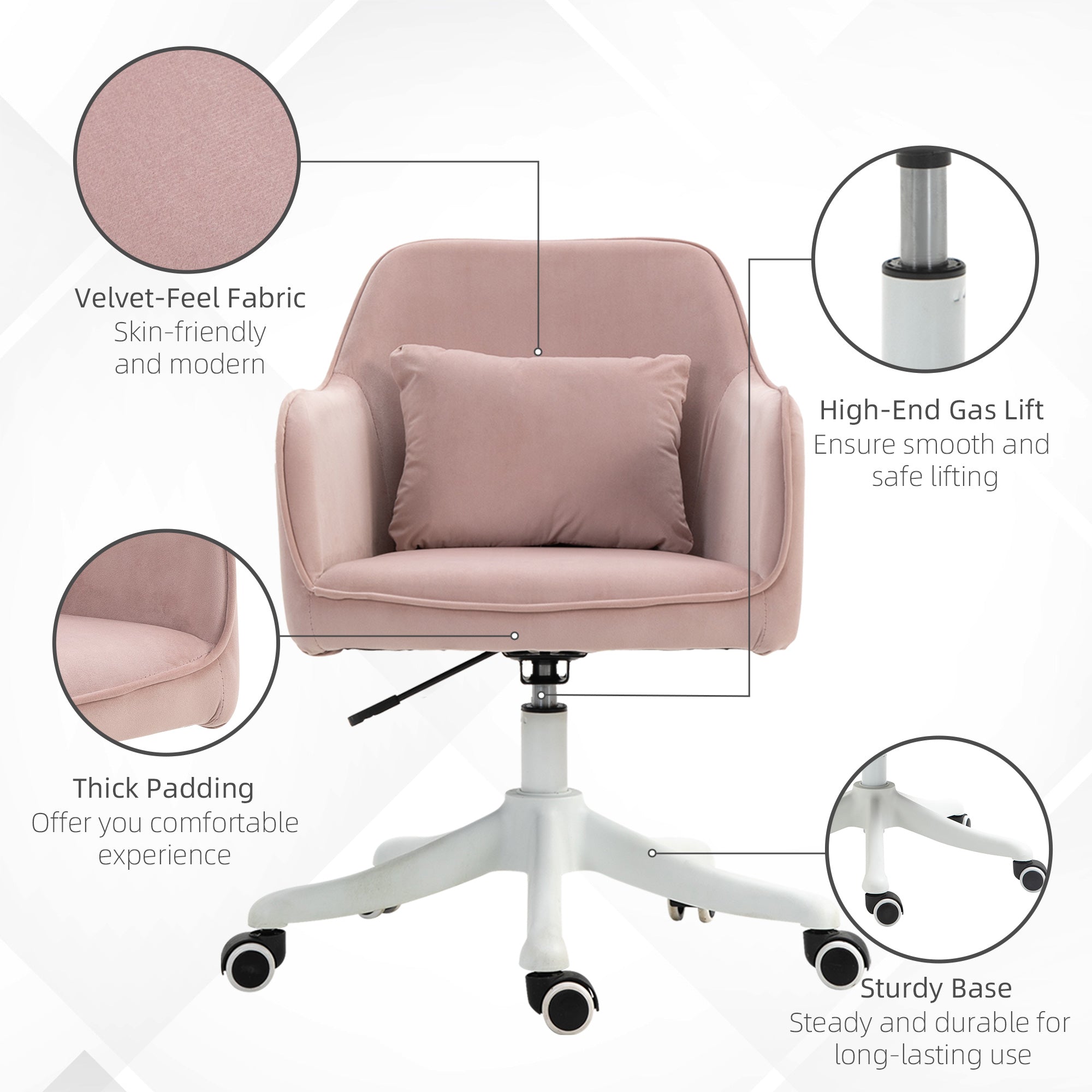 Vinsetto Velvet Office Chair, Desk Chair, Makeup Vanity Chair with Massage Lumbar Pillow and Rolling Wheels for Bedroom and Home, Pink - North Peak Garden Furniture