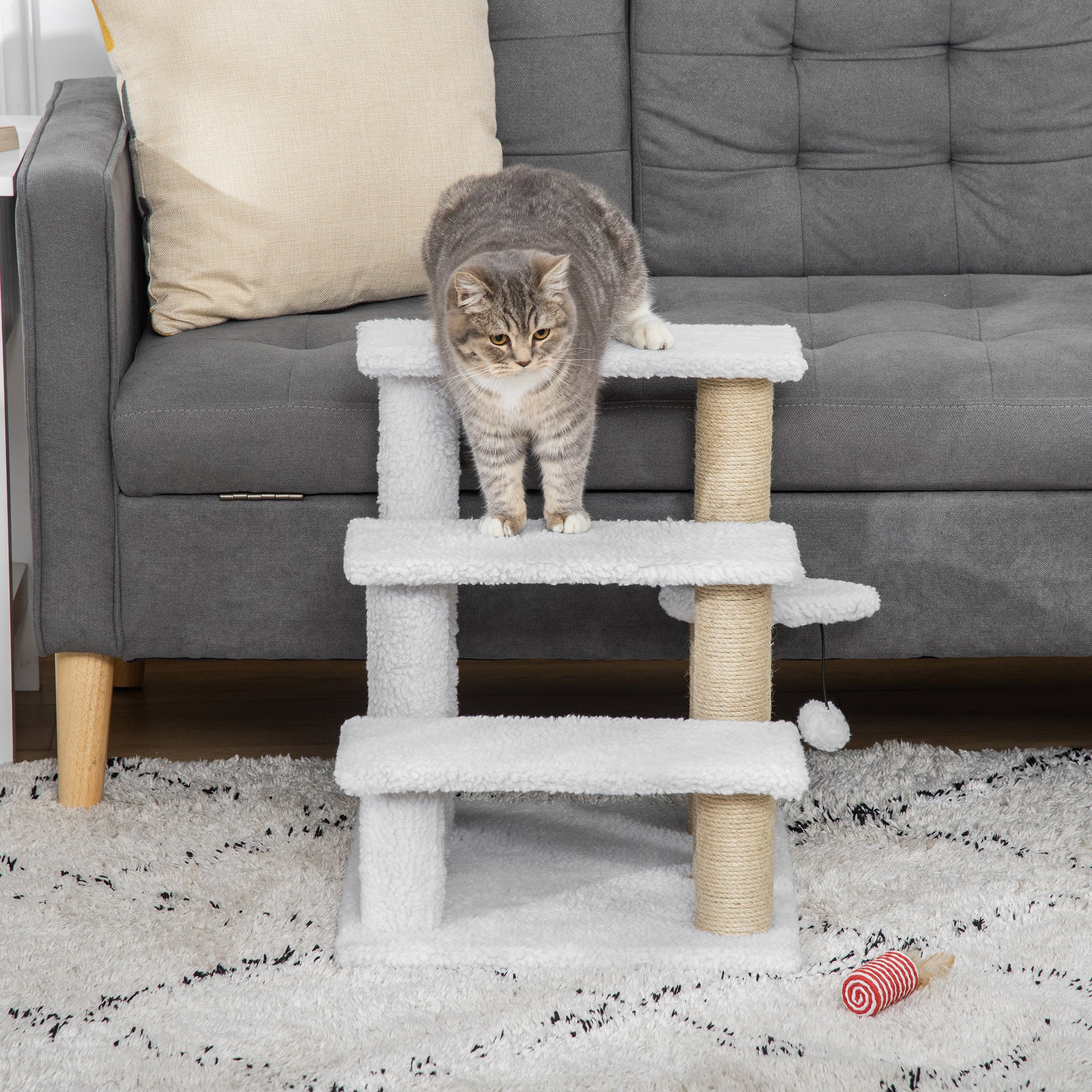 PawHut Pet Stair with 3-step Climb Ladder, Scratching Posts, Platforms, Toy Ball, for Indoor Elderly Cats Kittens, White - North Peak Garden Furniture