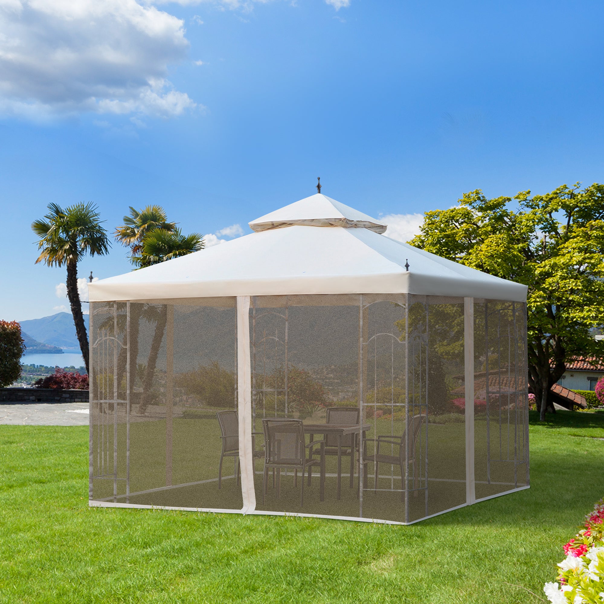 Outsunny 3(M)x3(M) Garden Gazebo Double Top Outdoor Canopy Patio Event Party Wedding Tent Backyard Sun Shade with Netting - Cream White