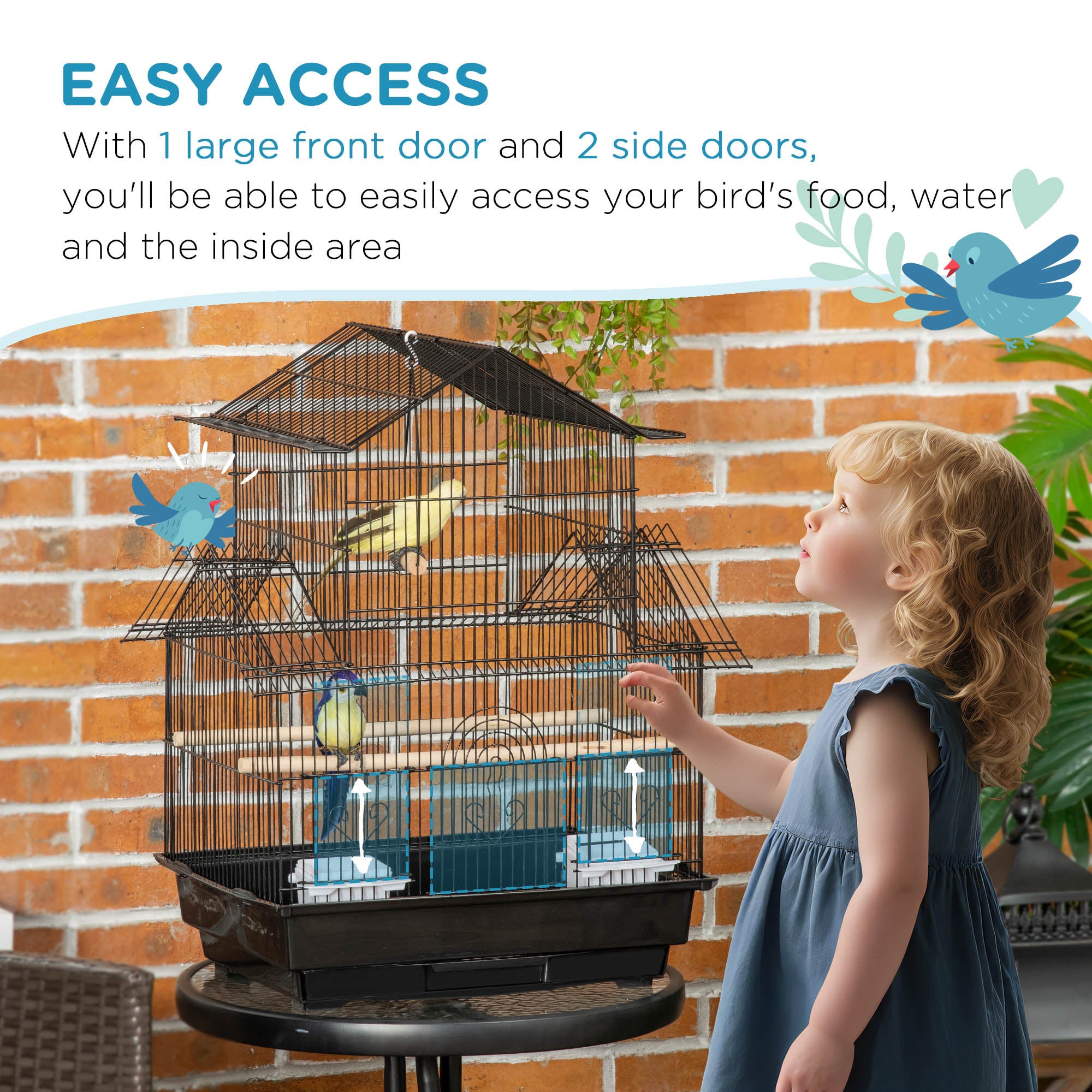 PawHut Metal Bird Cage with Plastic Swing Perch Food Container Tray Handle for Finch Canary Budgie 50.5 x 40 x 63cm Black - North Peak Garden Furniture