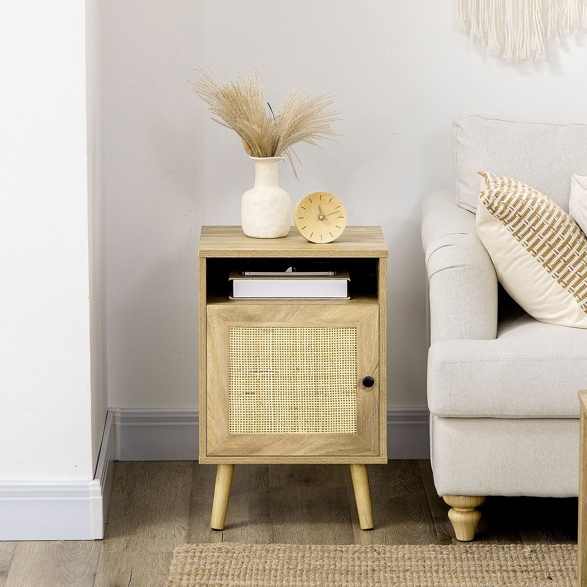 HOMCOM Bedside Table with Rattan Element, Side End Table with Shelf and Cupboard, 39cmx35cmx60cm, Natural - North Peak Garden Furniture