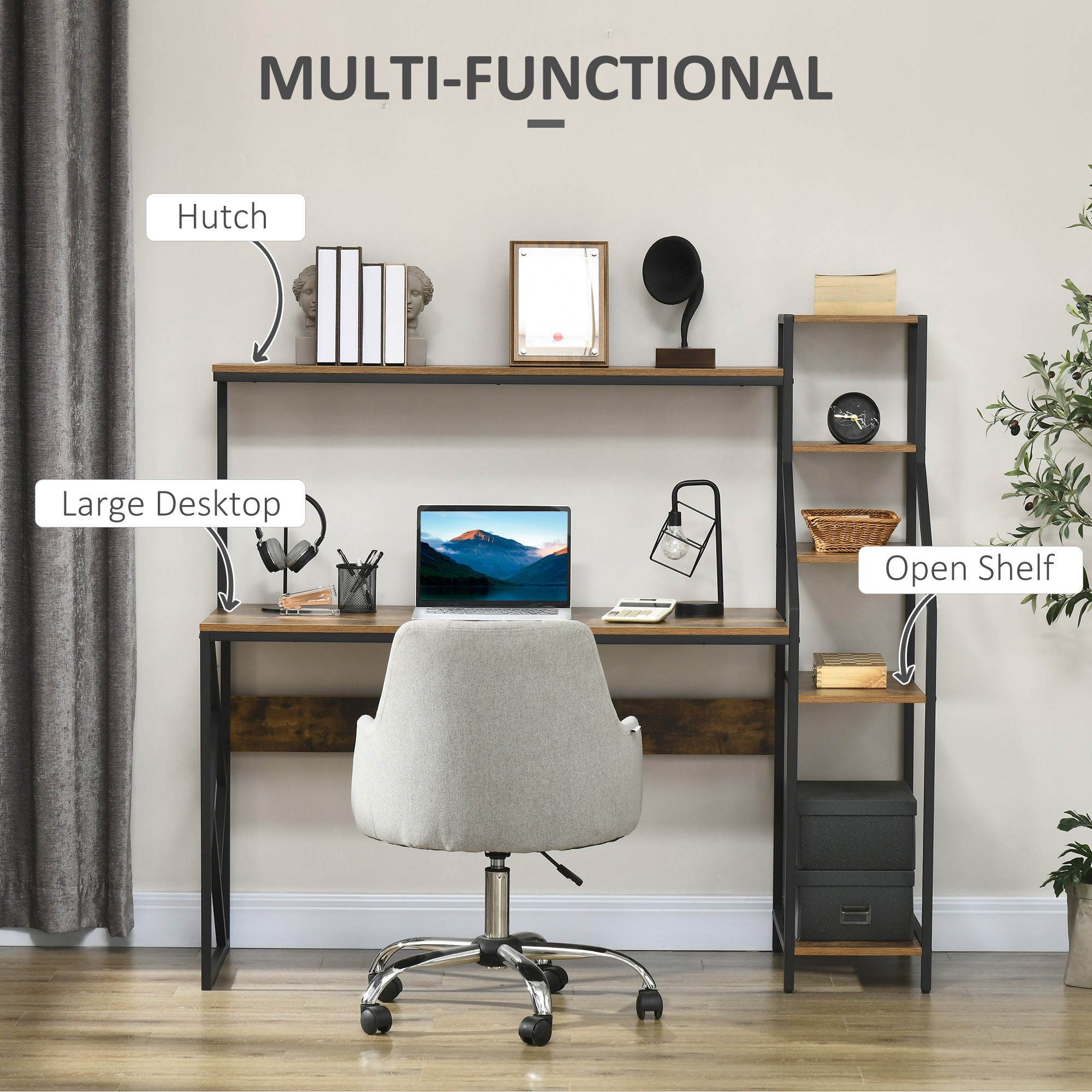 HOMCOM Computer Desk with Bookshelf, Industrial Writing Table with 6 Tier Storage Shelves for Home Office, Bedroom, Study, 150 x 55 x 138cm, Rustic Brown - North Peak Garden Furniture