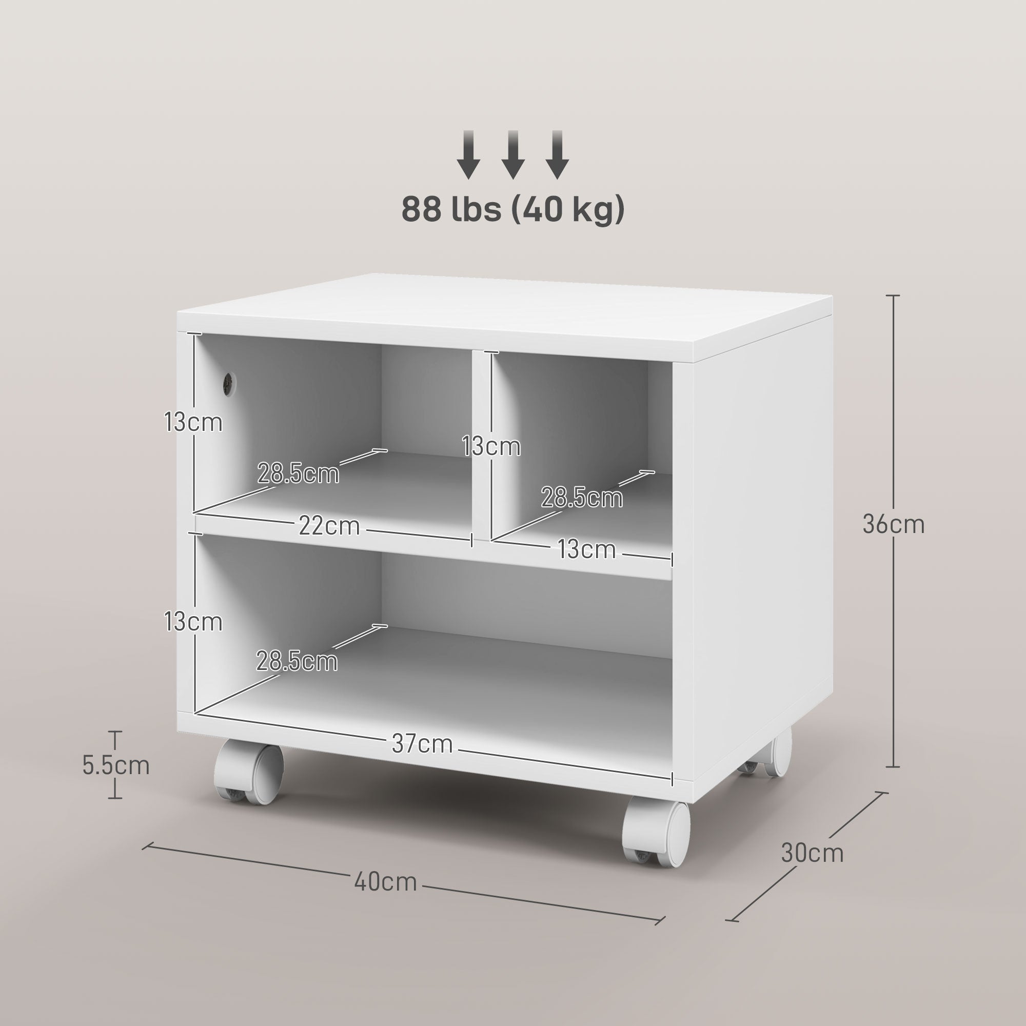 HOMCOM Three-Compartment Printer Cabinet, with Wheels - White - North Peak Garden Furniture