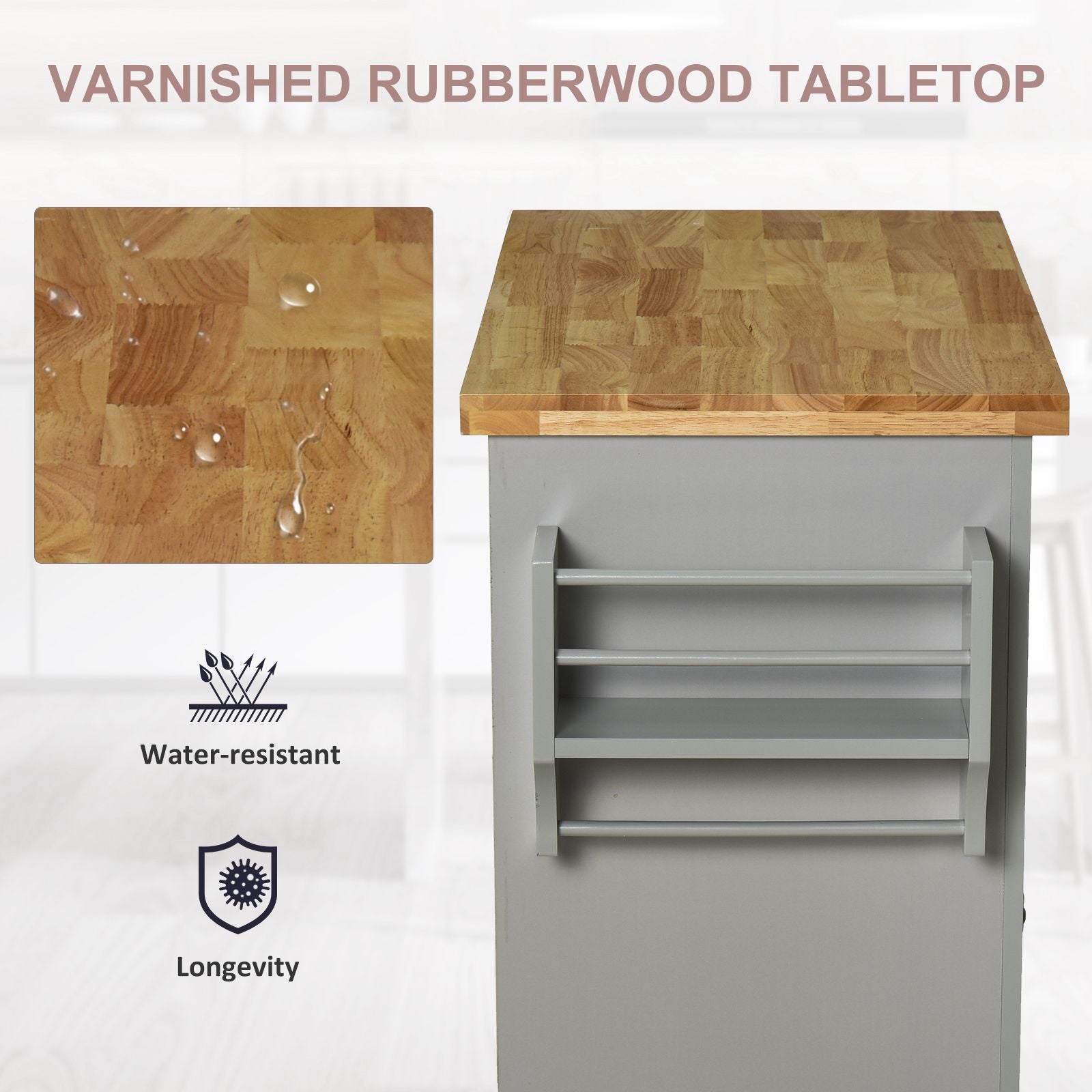 HOMCOM Rolling Kitchen Island Storage Trolley with Rubber Wood Top & Drawers for Dining Room, Grey - North Peak Garden Furniture