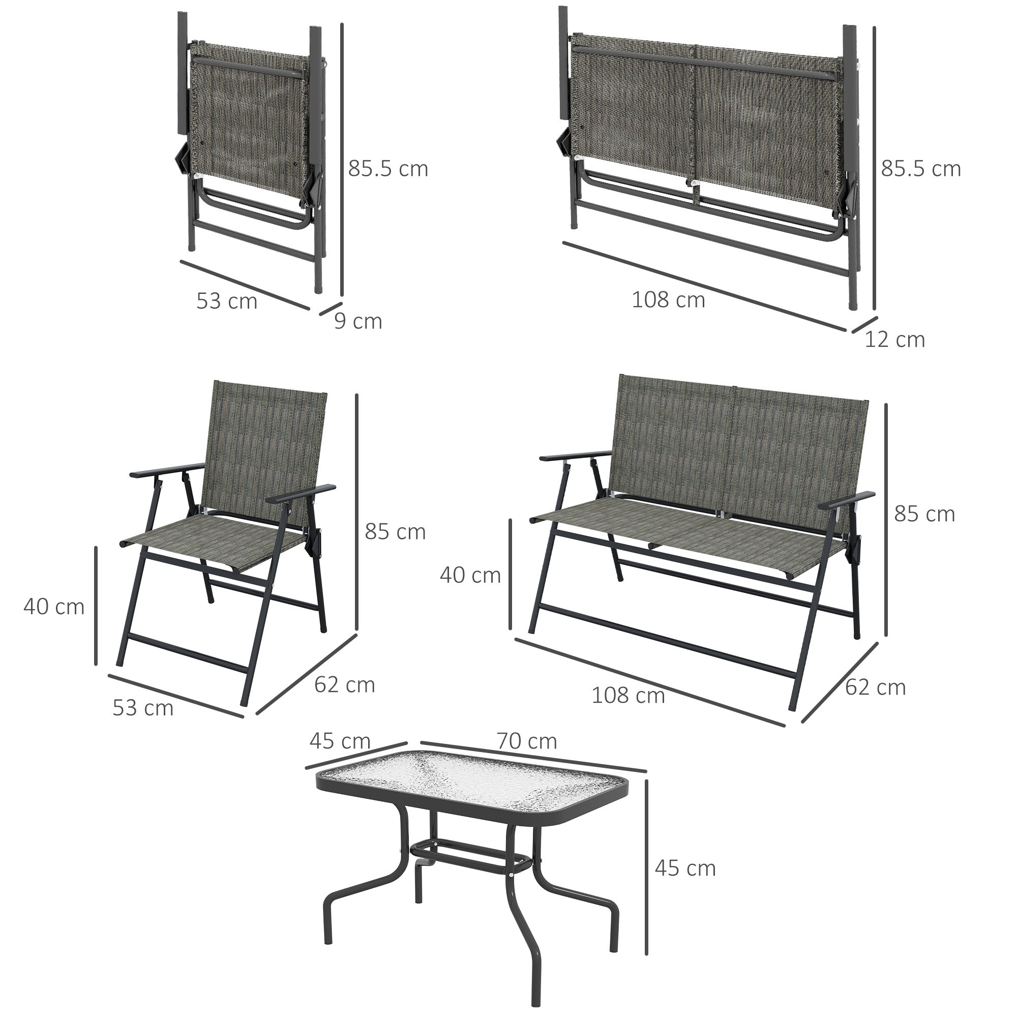 Outsunny Outdoor 4 Pieces Patio Furniture Set with Breathable Mesh Fabric Seat & Backrest, Garden Set with Two Foldable Armchairs, a Loveseat & Glass Top Table, Mixed Brown