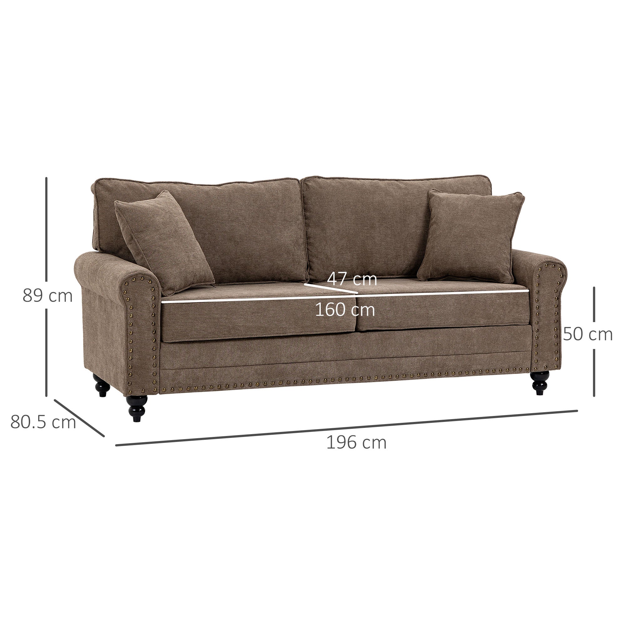 HOMCOM 3 Seater Sofas for Living Room, Fabric Sofa with Nailhead Trim, Cushions and Pillows, Brown - North Peak Garden Furniture