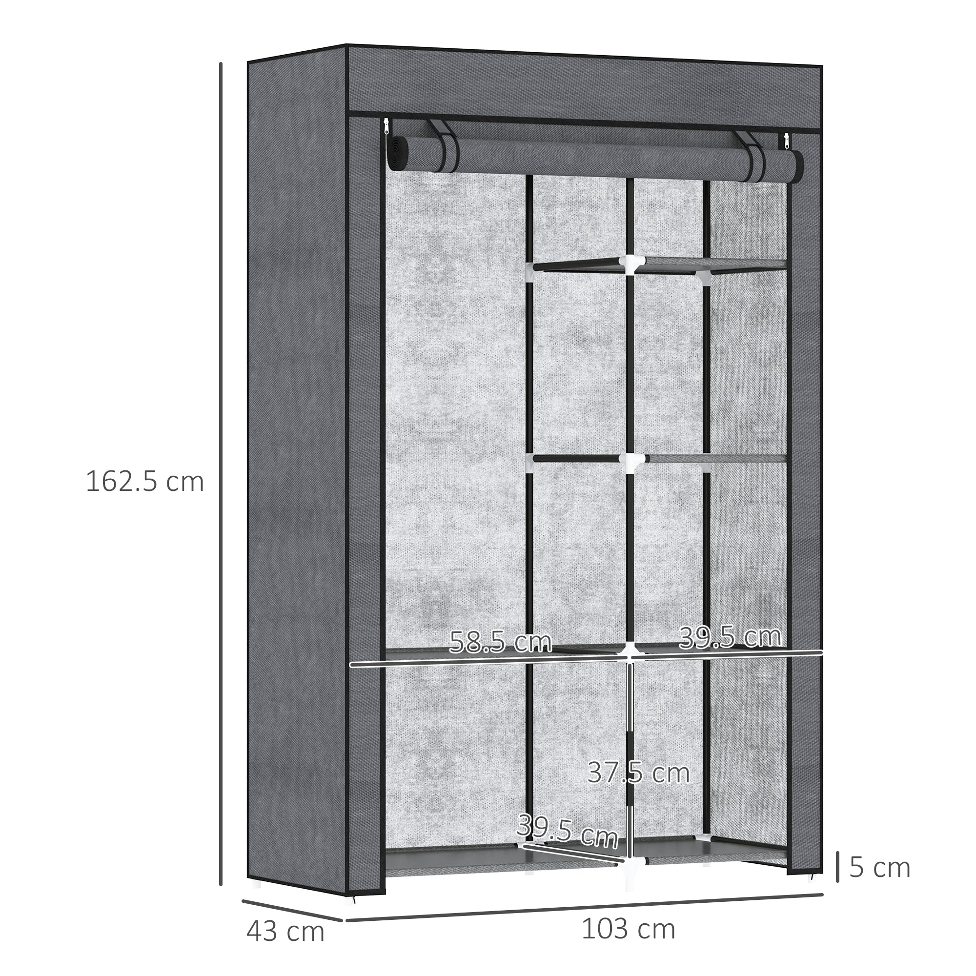 HOMCOM Rail and Six Shelf Fabric Wardrobe - Dark Grey - North Peak Garden Furniture