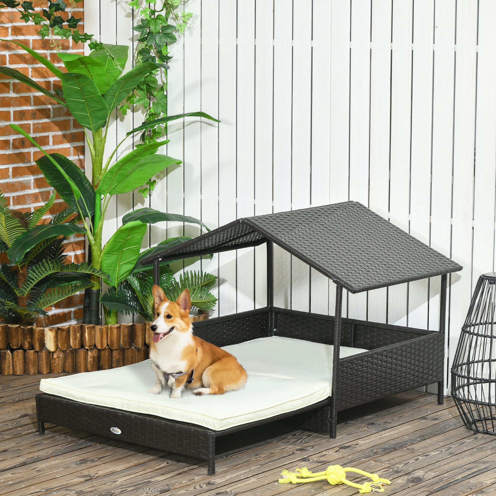 PawHut Extendable Elevated Dog Bed, Rattan Dog House, with Water-Resistant Roof, Removable Cushion, for Small, Medium Dogs - North Peak Garden Furniture