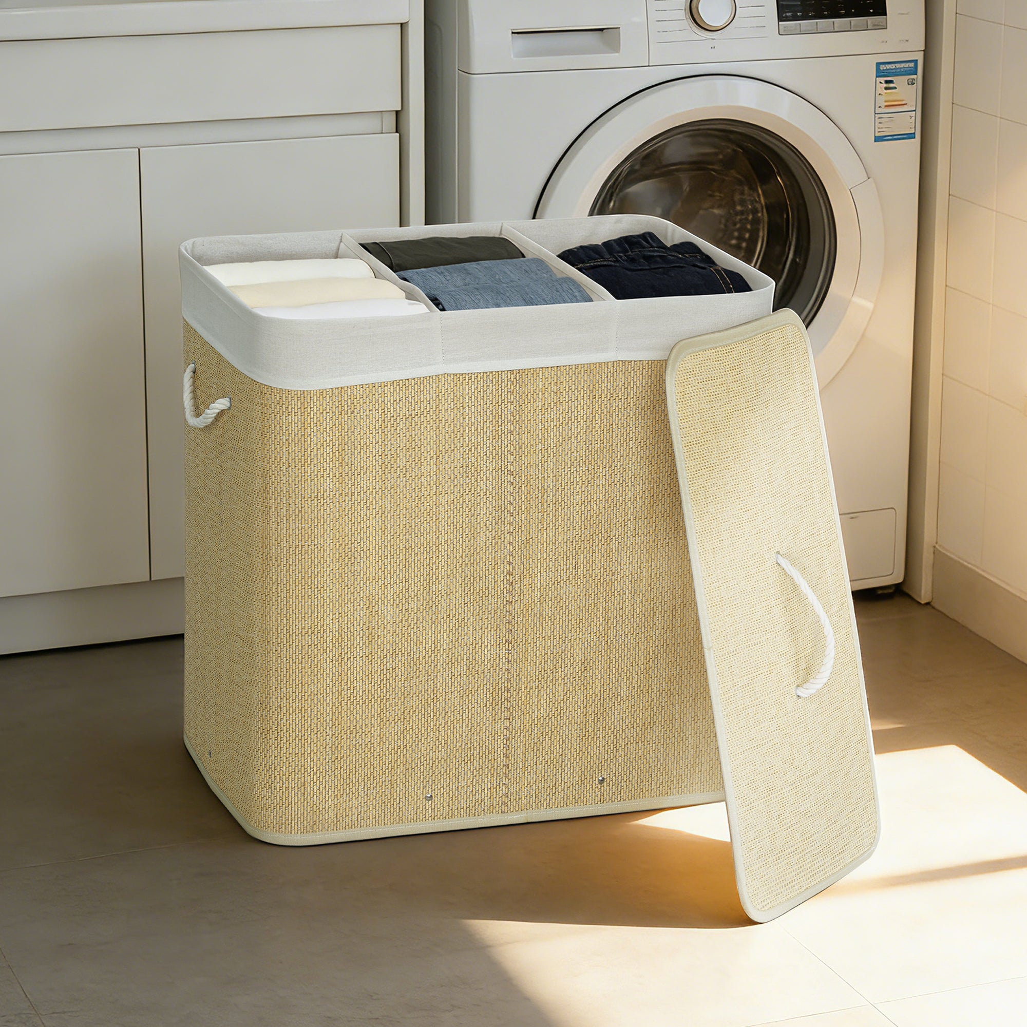 HOMCOM 3 Section Laundry Basket with Lid, 144L Bamboo Laundry Hamper with Handles, Removable and Washable Liner, Cream White