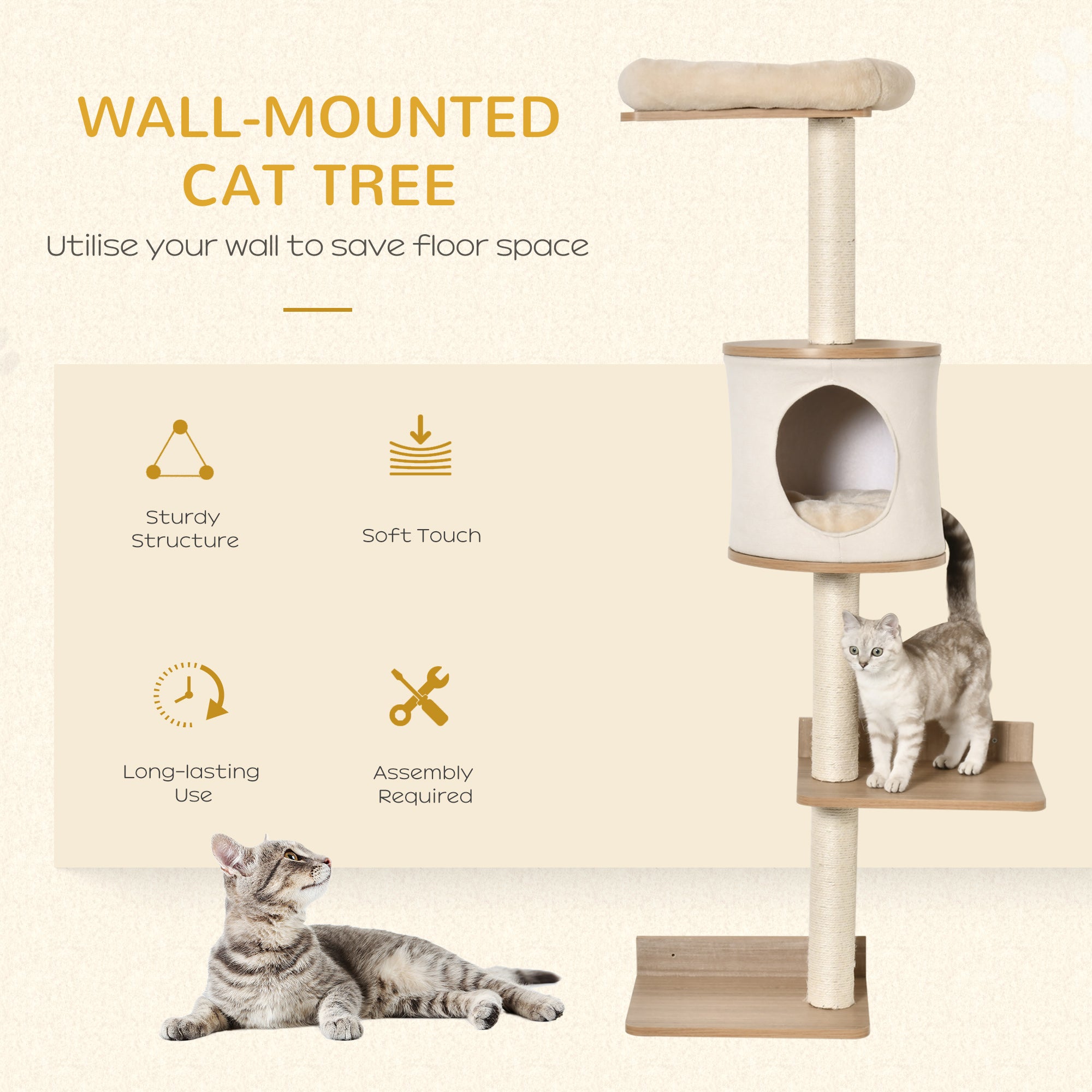 PawHut Wall-Mounted Cat Tree, with Cat House, Bed, Scratching Post - Beige - North Peak Garden Furniture