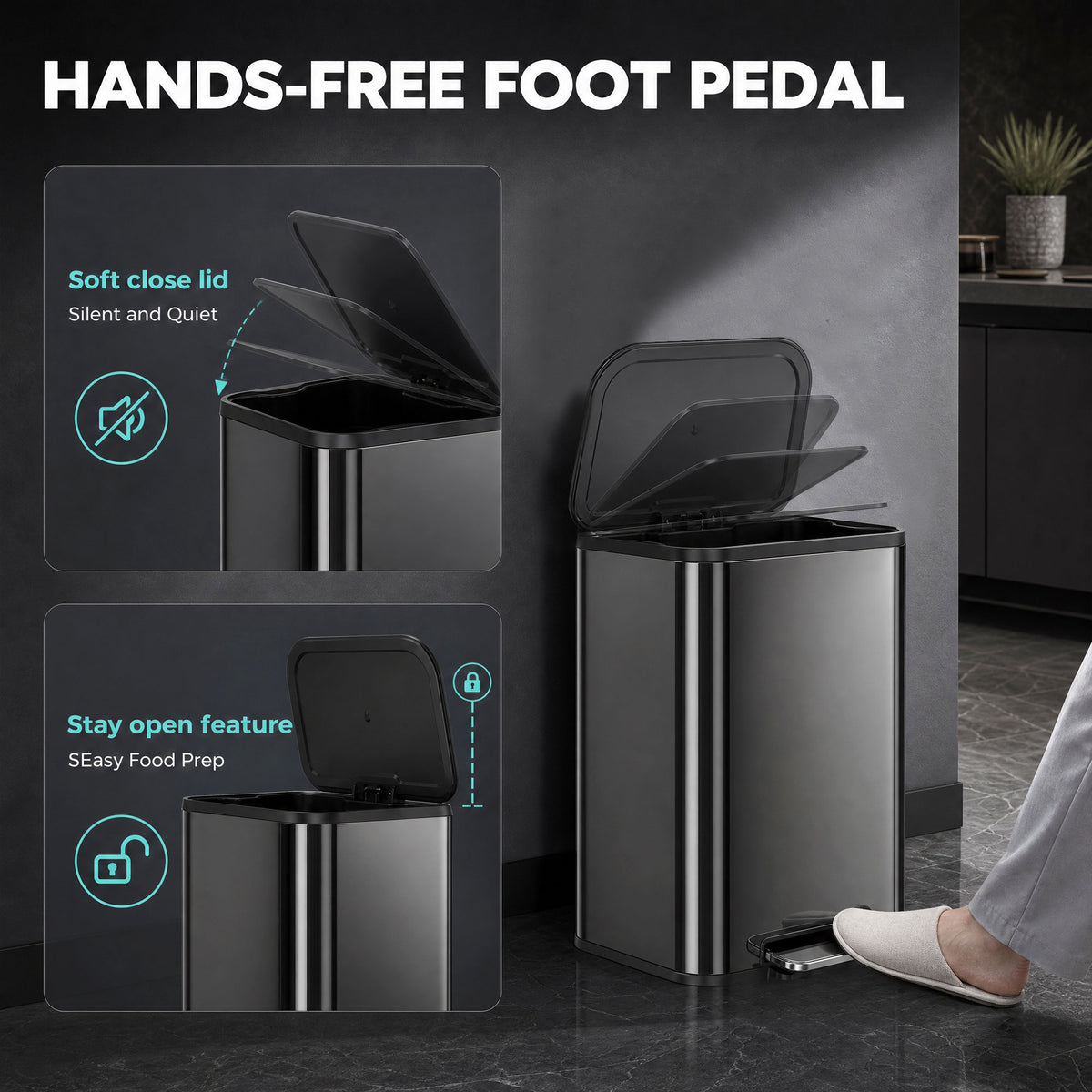 HOMCOM 50L Kitchen Bin, Metal Pedal Rubbish Bin with Soft Close and Stay-Open Lid, Removable Inner Bucket, High Gloss Black