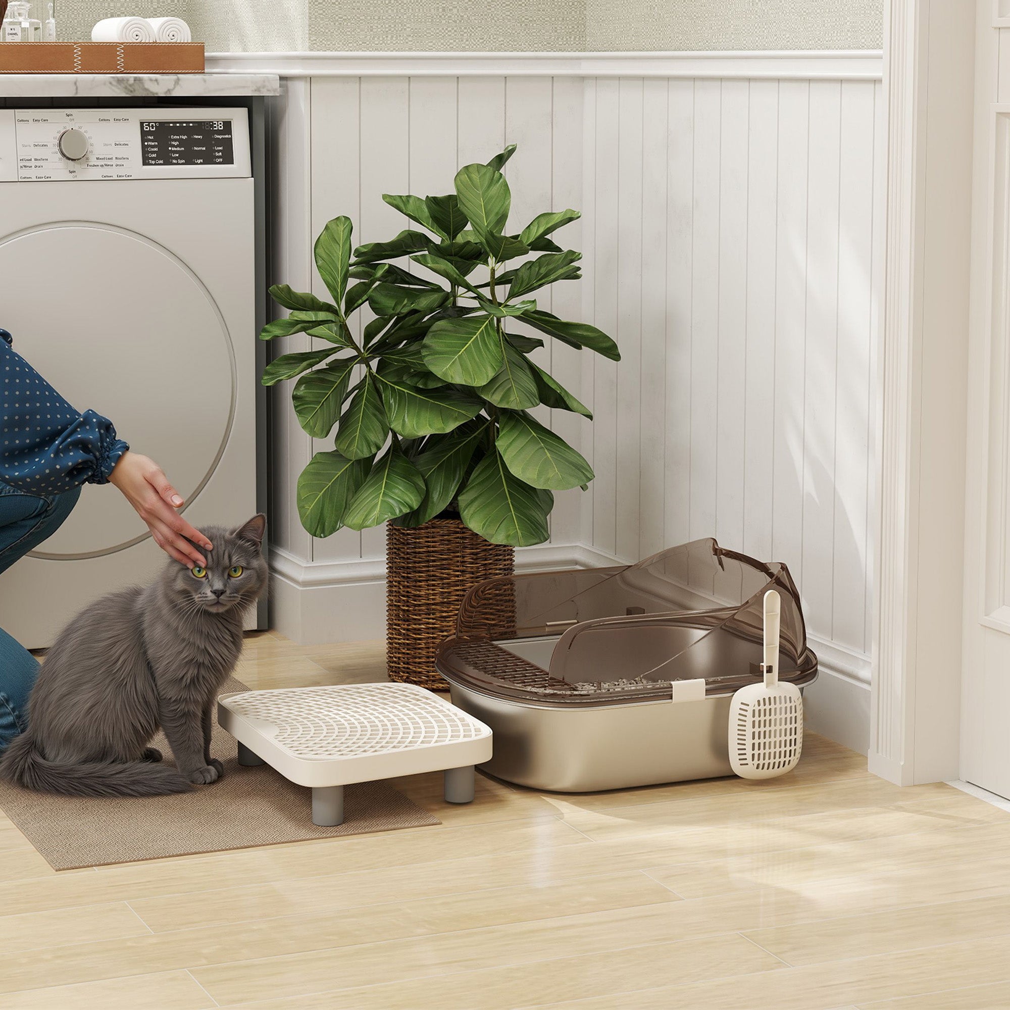 PawHut Stainless Steel Litter Box with Lid, High Wall Sided Enclosure, Pedal, Scoop, Non-Sticky, Anti-Leakage, Easy Cleaning - North Peak Garden Furniture