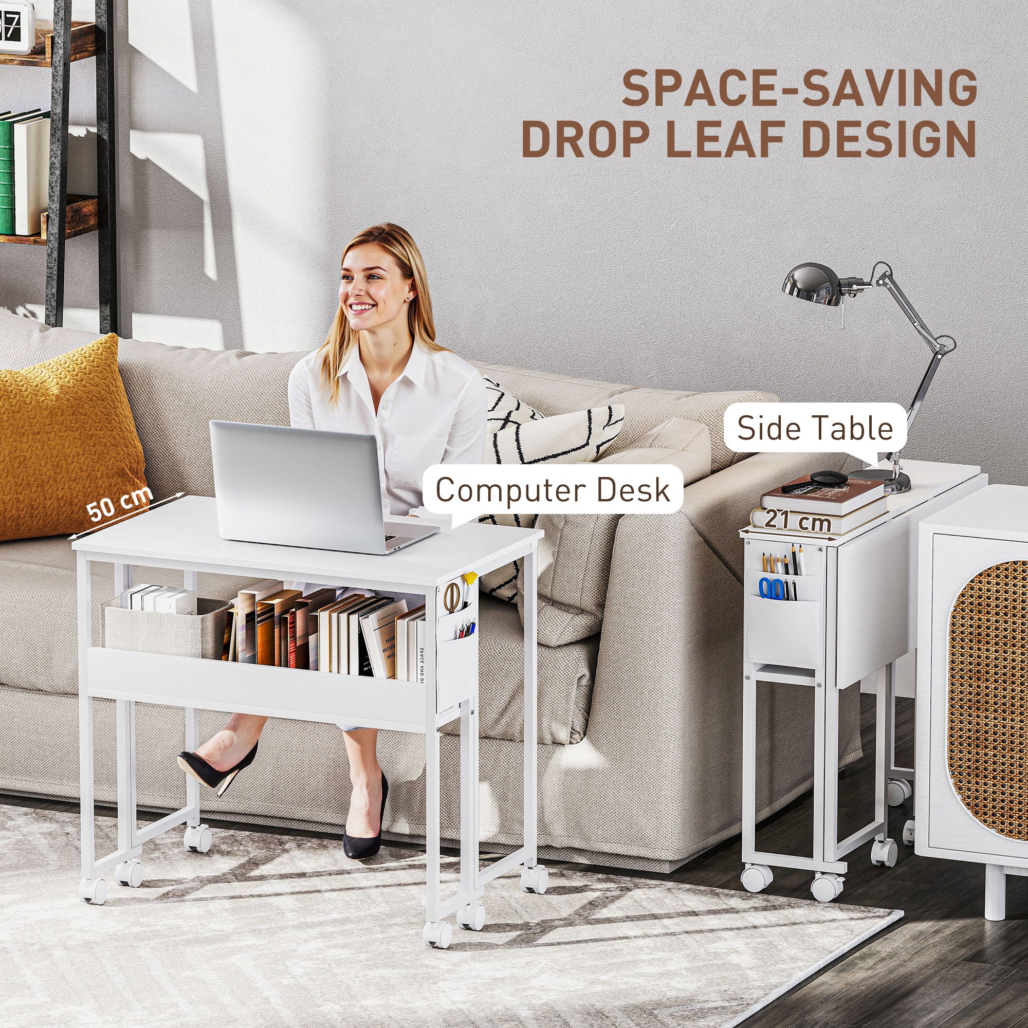 HOMCOM 80 cm Drop Leaf Writing Work Desk - White - North Peak Garden Furniture