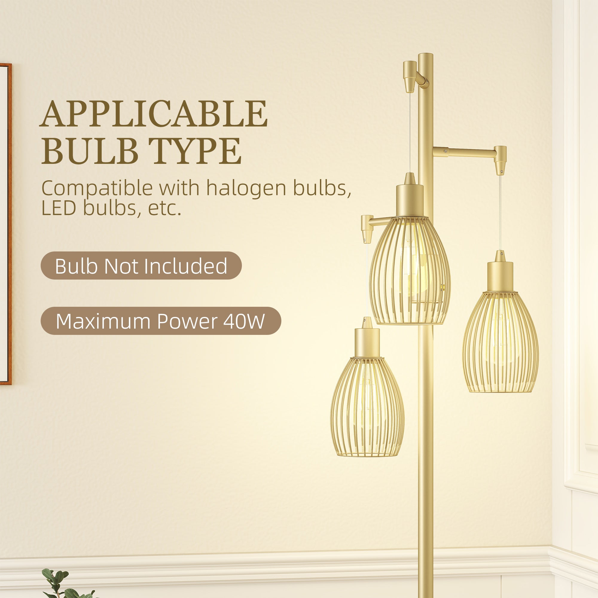 HOMCOM 170cm Industrial 3-Light Floor Lamp, Dimmable Standing Lamp with Steel Lampshades for Living Room, Bedroom, Dinging Room, Study, Gold Tone