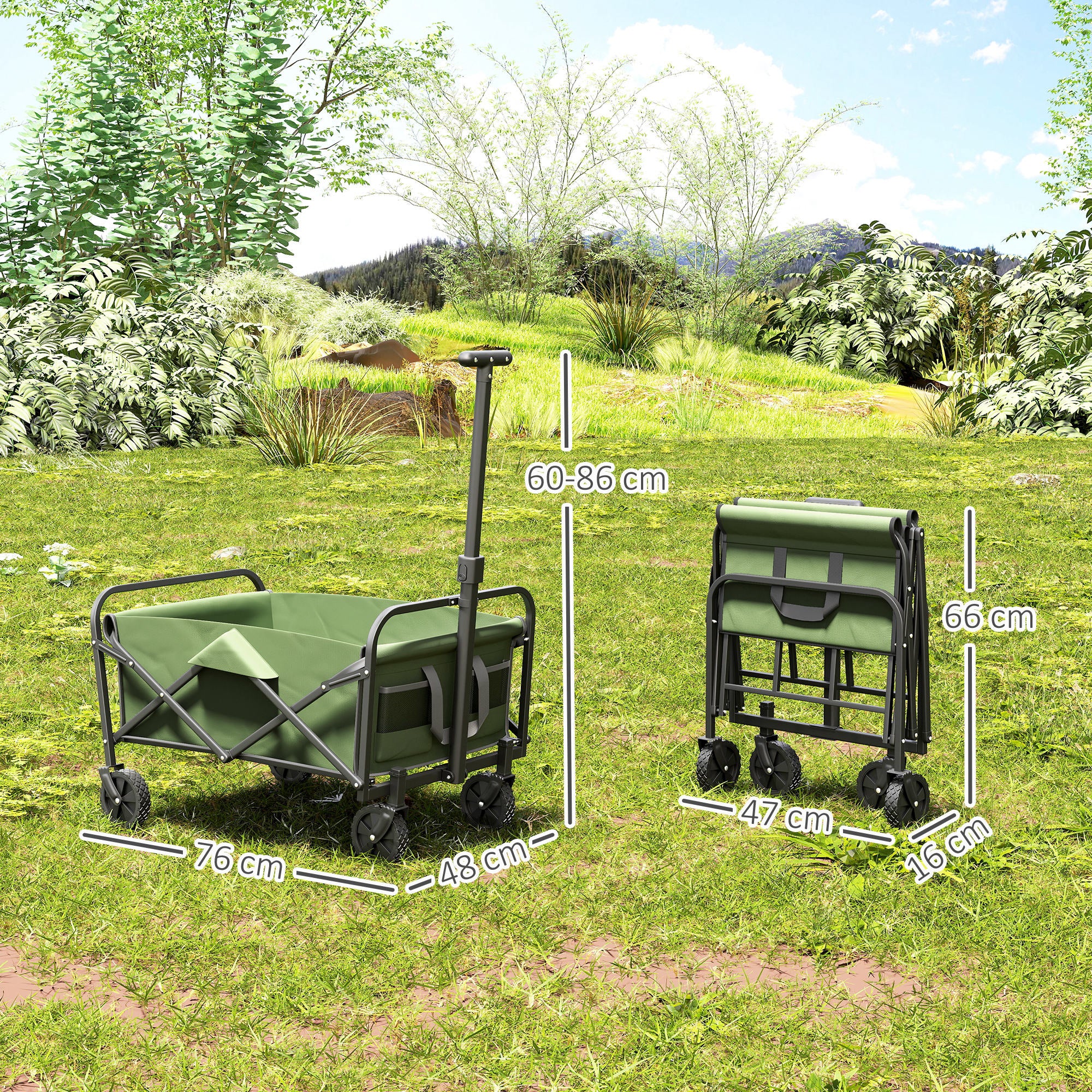 Outsunny 62L Festival Trolley on Wheels, Garden Folding Trolley Cart, 120kg Heavy Duty Collapsible Folding Wagon with Adjustable Handle and Carrying Bag for Beach, Camping, Festival, Green