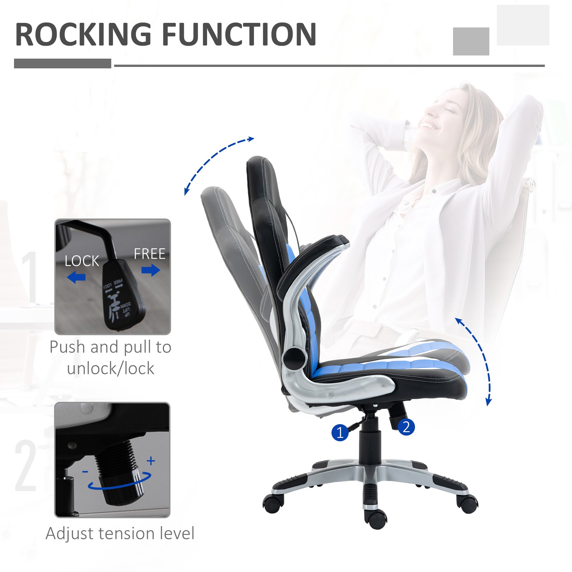 HOMCOM Computer Gaming Chair, Office Desk Swivel Chair, PU Leather Racing Chair with 90° Flip-up Armrest, Adjustable Height and Rolling Wheels, Blue - North Peak Garden Furniture