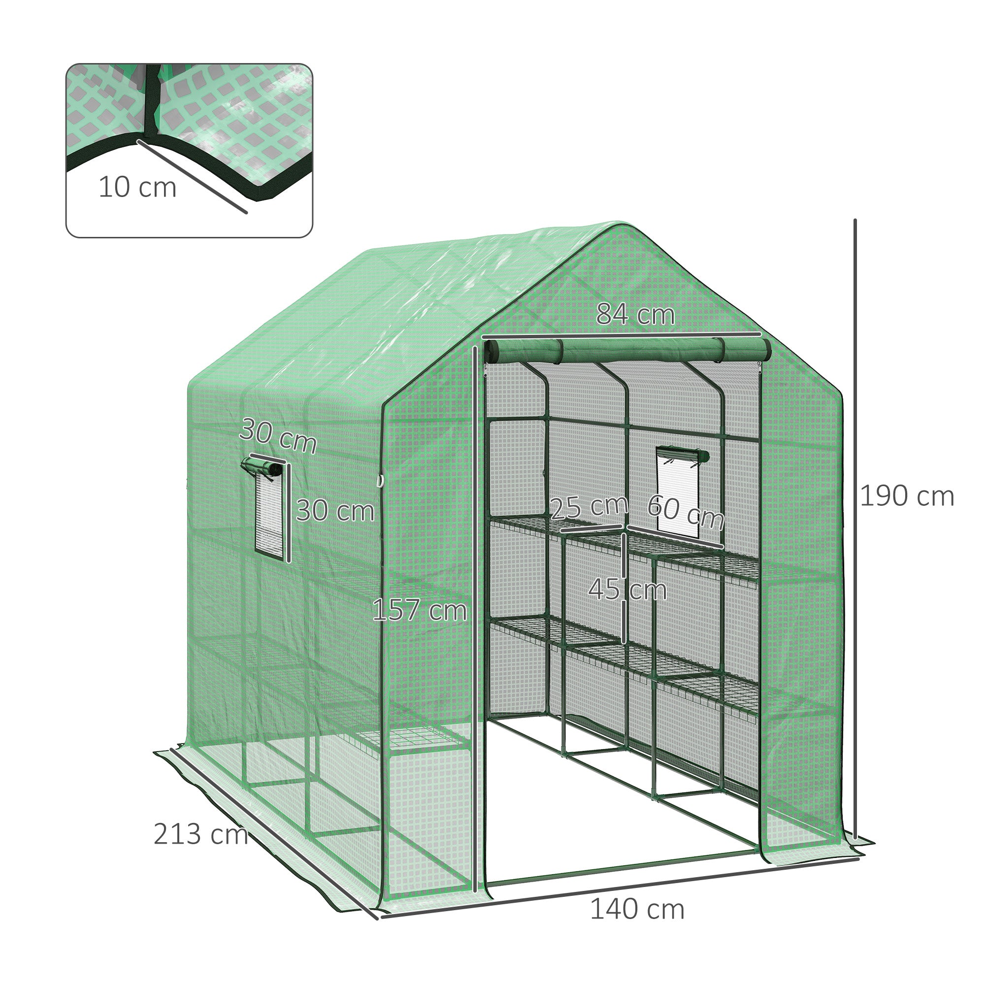 Outsunny Walk-in Greenhouse with 3 Tier Shelves, Outdoor Green House Garden Grow House with Reinforced PE Cover, Roll-up Door and Mesh Windows, 140 x 213 x 190cm, Green - North Peak Garden Furniture