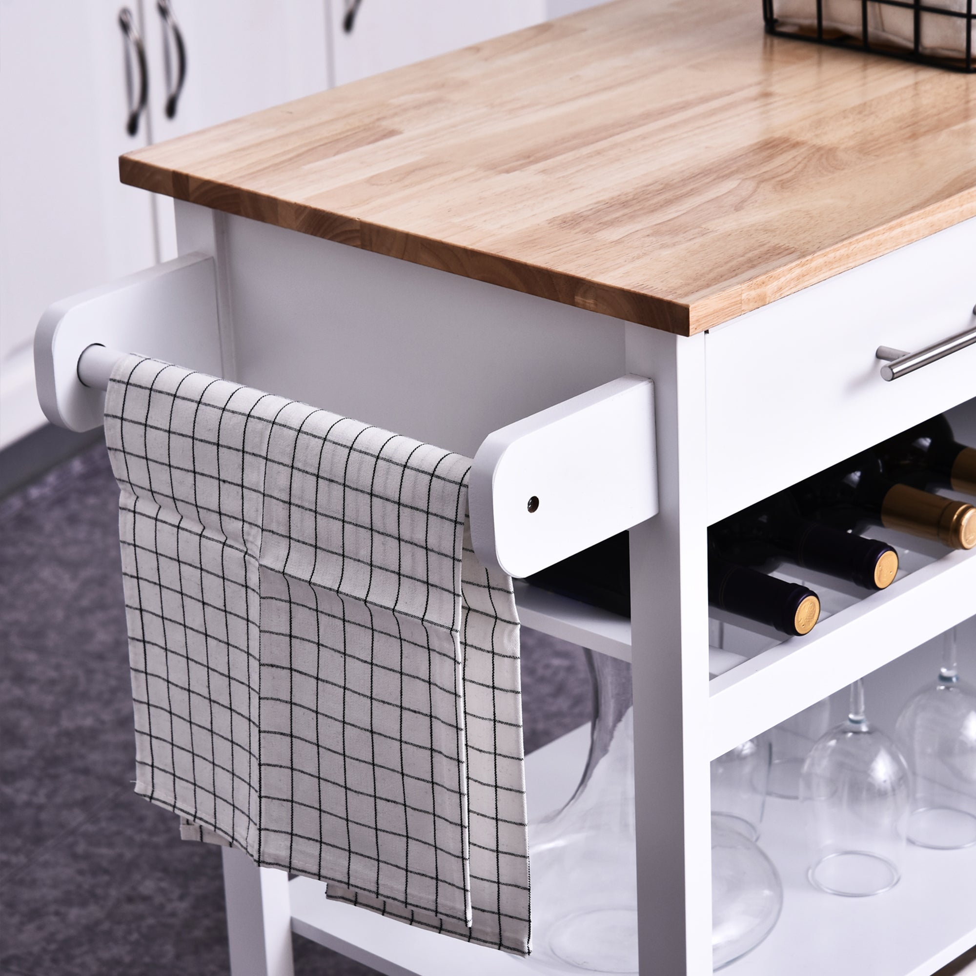 HOMCOM Kitchen Storage Trolley Cart Cupboard Rolling Wheels Shelves Cabinet Island W/ Drawers Towel Rail Wine Glass Rack Pine Wood Worktop  White