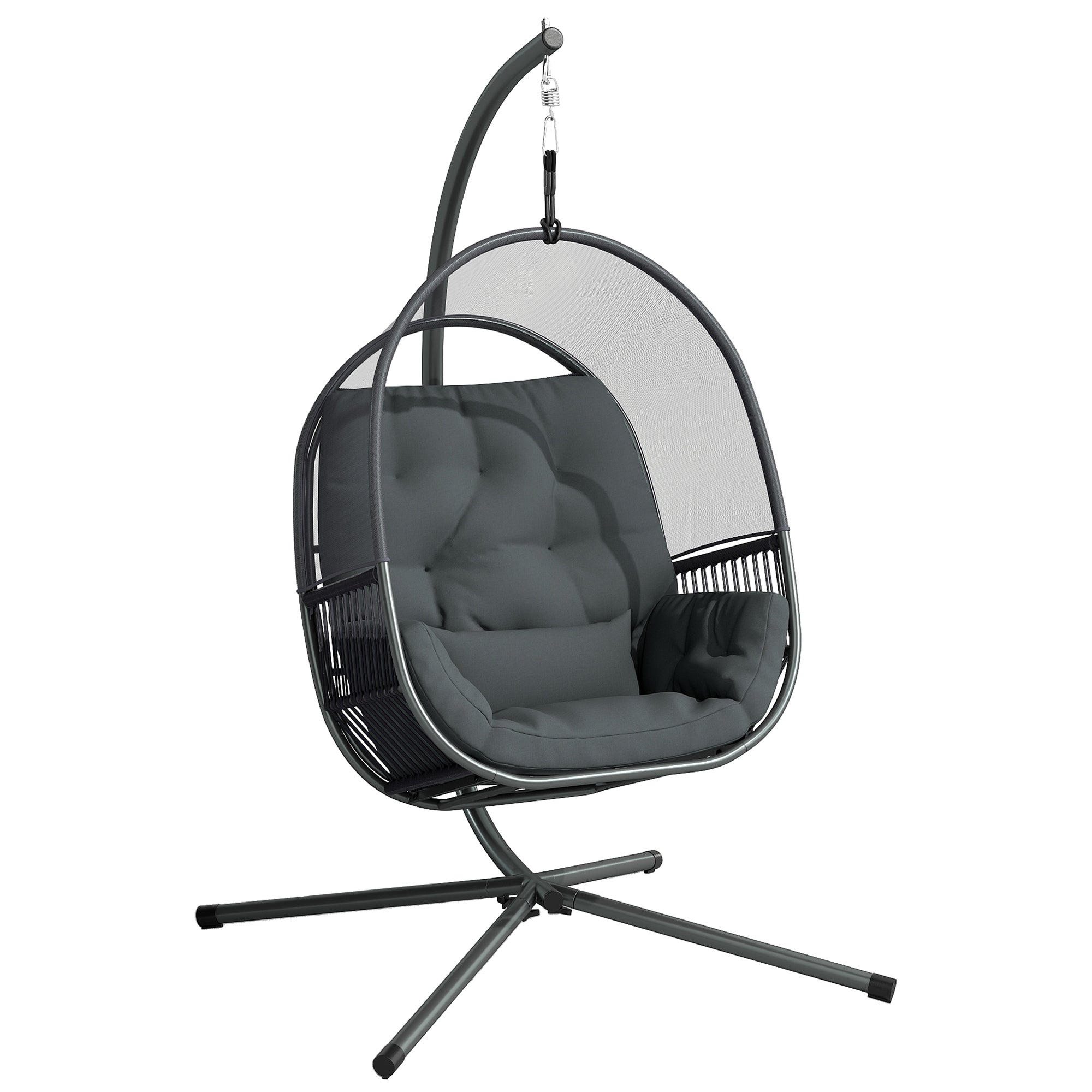Outsunny Hanging Egg Chair Outdoor Indoor, Swing Hammock Chair with Stand, Cushions, Lumbar Pillow, Adjustable Height and Steel Frame for Garden Patio Lounge Porch, Dark Grey - North Peak Garden Furniture