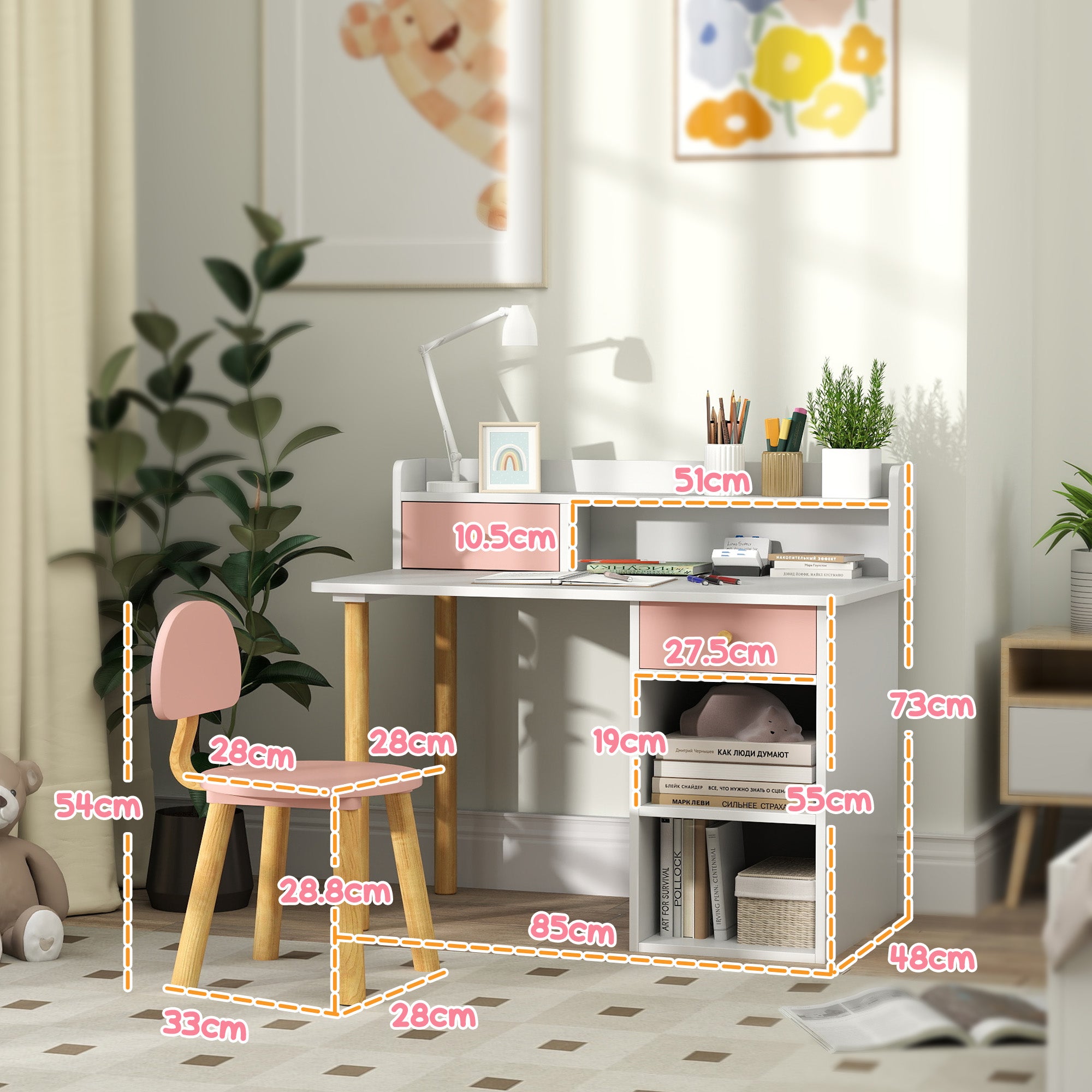 AIYAPLAY 2 Pieces Children Study Table with Hutch, Kids Desk and Chair Set with Storage Drawer, Shelves - Pink