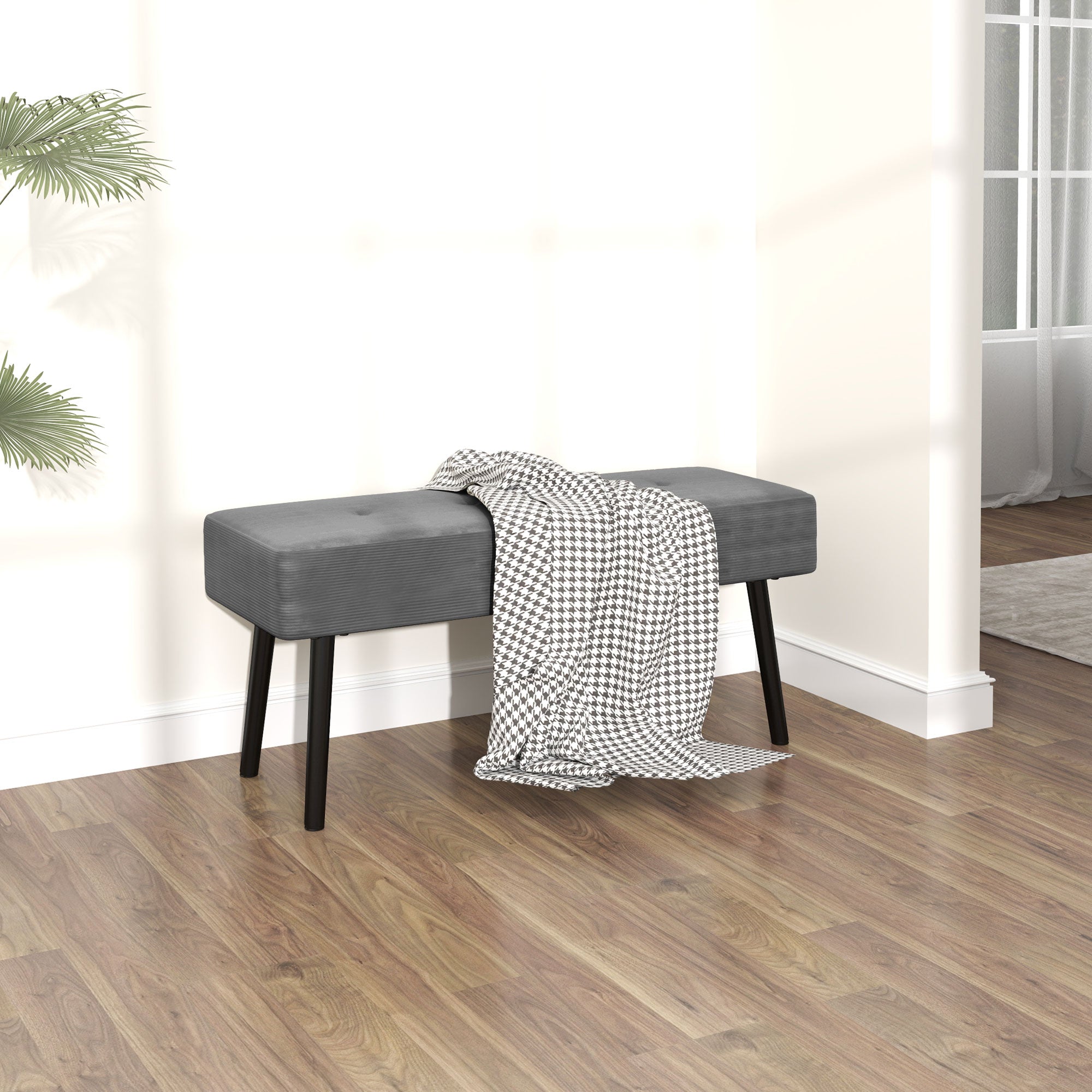 HOMCOM End of Bed Bench, Corduroy Bedroom Bench with Thick Padding and Steel Legs, Tufted Window Seat for Entryway, Living Room, Grey - North Peak Garden Furniture