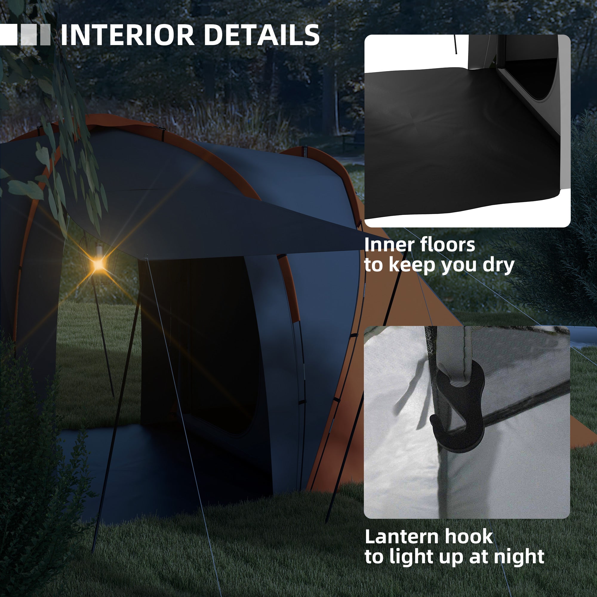 Outsunny Large Camping Tent Tunnel Tent with 2 Bedroom and Living Area, 2000mm Waterproof, Portable with Bag for 4-6 Man, Orange - North Peak Garden Furniture