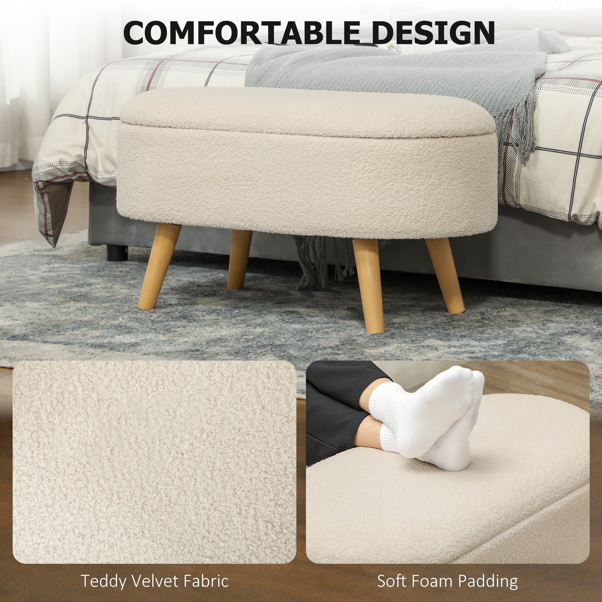 HOMCOM Teddy Fleece Storage Ottoman - Cream White - North Peak Garden Furniture