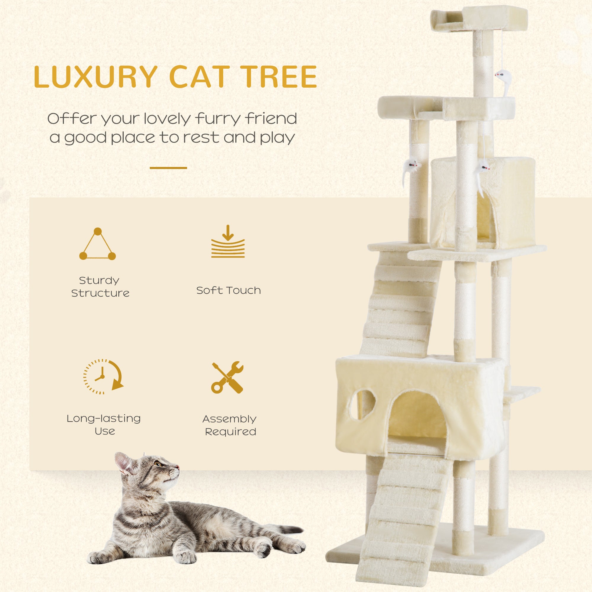 PawHut Multi-Level Cat Tower, Sisal Kitten Tree with Scratch Post, Climbing Toy Bed, 181cm(H), Durable