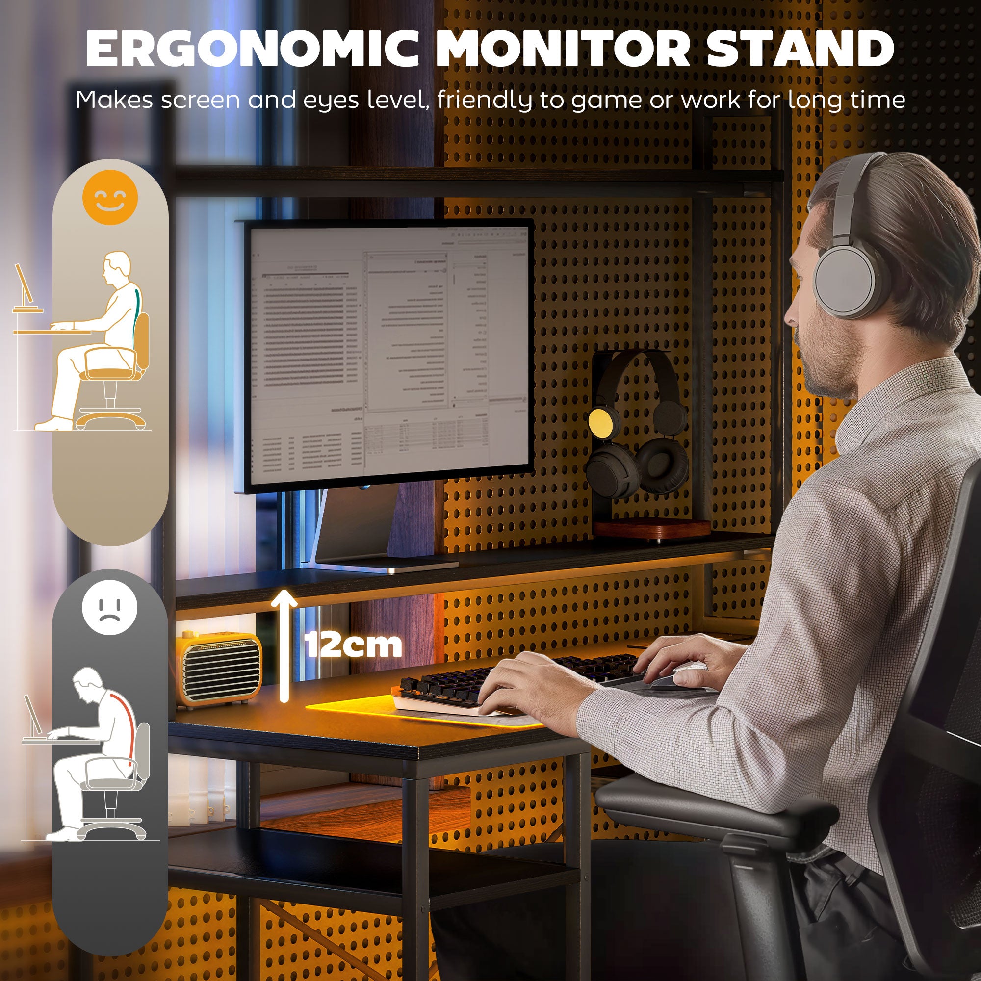 HOMCOM Computer Desk with Power Outlets and LED Lights, Home Office Desk with Monitor Stand and 2 CPU Stands, Study Table Gaming Desk with Hutch, Black - North Peak Garden Furniture