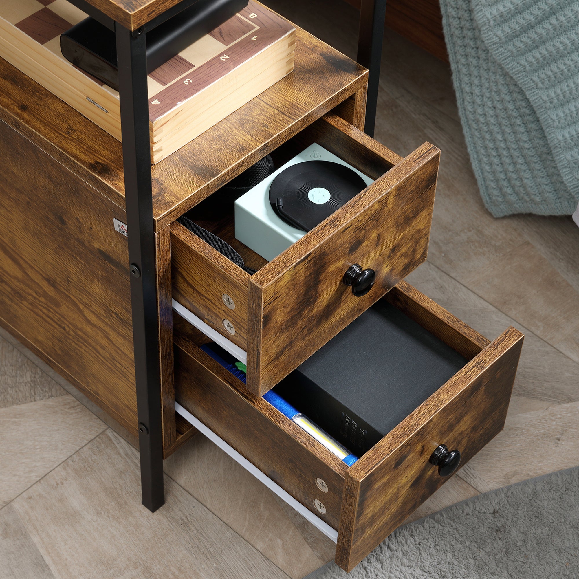HOMCOM Set of 2 Side Table, Narrow Bedside Table with 2 Drawers and Storage Shelf, Industrial End Table with Metal Frame for Small Spaces, Rustic Brown - North Peak Garden Furniture