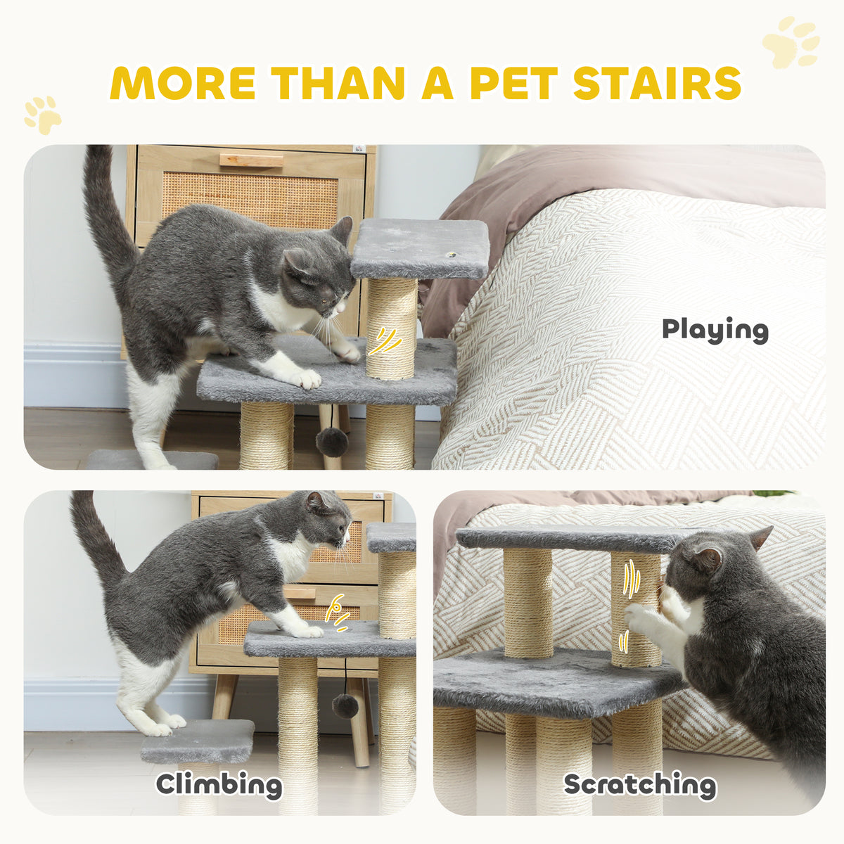 PawHut Pet Steps for Bed, 3 Step Adjustable Pet Stairs for Sofa with 6 Sisal Scratching Posts for Small Dogs & Cats, Grey