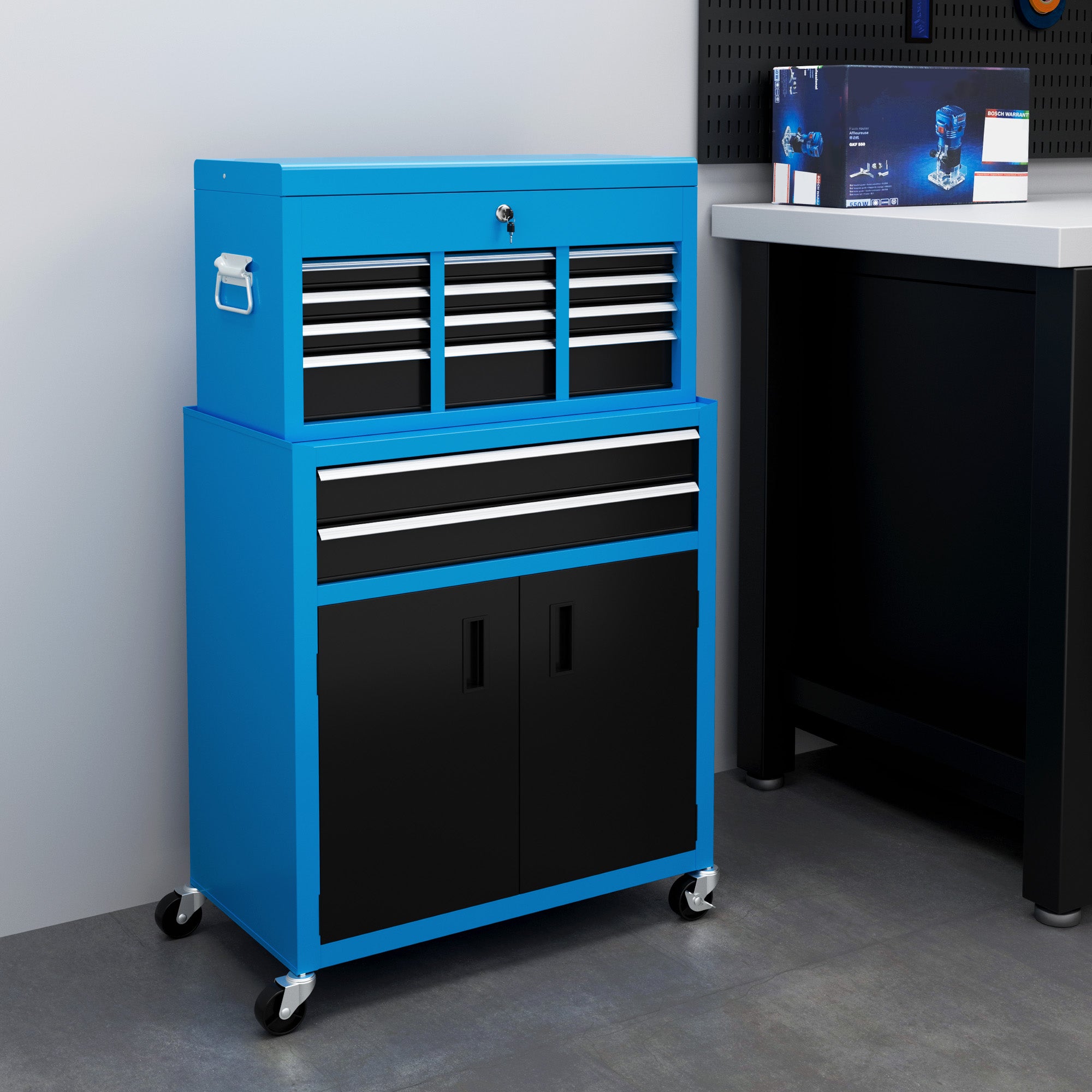 HOMCOM Portable Tool Box, Metal Tool Chest on Wheels with 6 Drawers for Garage and Workshop, Blue - North Peak Garden Furniture