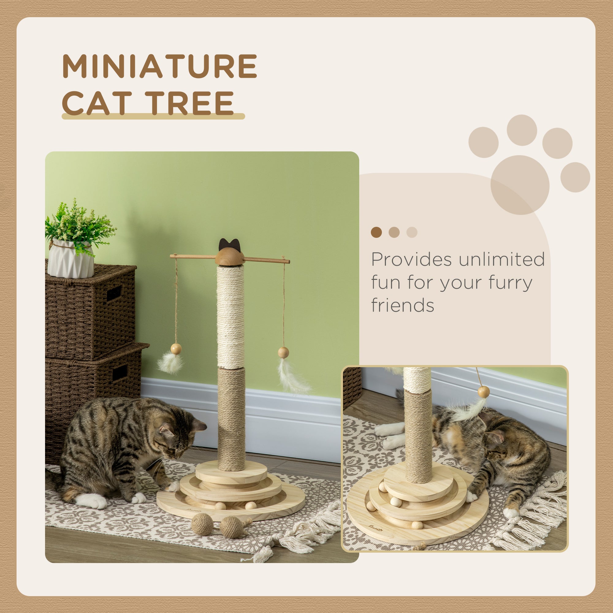 PawHut Cat Tree, with Scratching Post, Turntable Toy Ball - Natural Finish - North Peak Garden Furniture