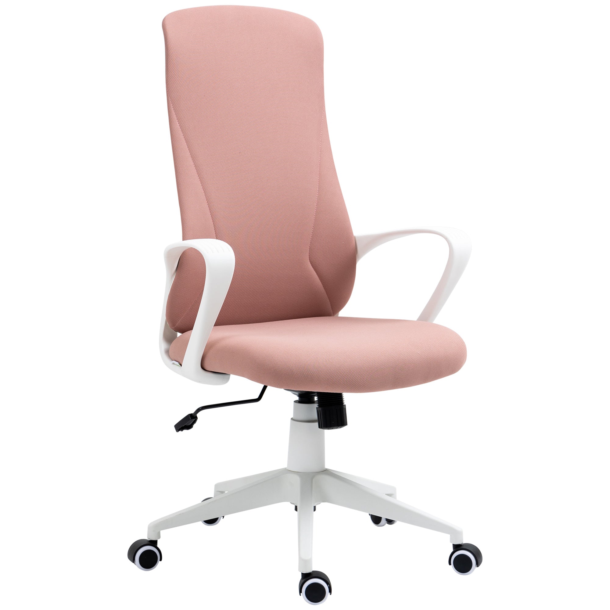 Vinsetto High Back Office Chair, Fabric Desk Chair with Armrests, Adjustable Height, Swivel Wheels, Pink - North Peak Garden Furniture