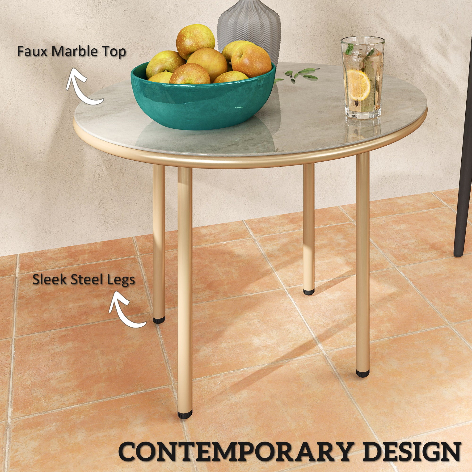 Outsunny Round Small Garden Table, 60cm Outdoor Side Table with Faux Marble Tempered Glass Top, Steel Frame for Garden Patio Balcony, Beige - North Peak Garden Furniture