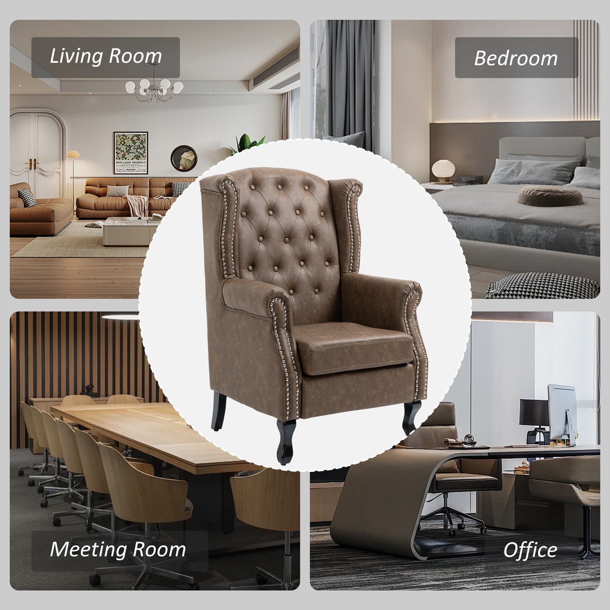 HOMCOM Wingback Accent Chair Tufted Chesterfield-style Armchair with Nail Head Trim for Living Room Bedroom Brown - North Peak Garden Furniture