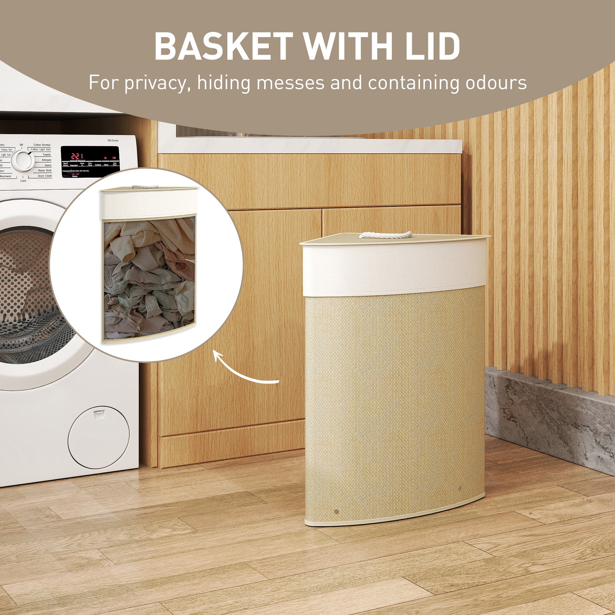 HOMCOM Bamboo Laundry Basket with Lid, 55L Corner Laundry Hamper with Removable Washable Liner Bag, Bathroom Triangle Washing Basket, 35 x 35 x 60 cm, Nature Wood Finish - North Peak Garden Furniture